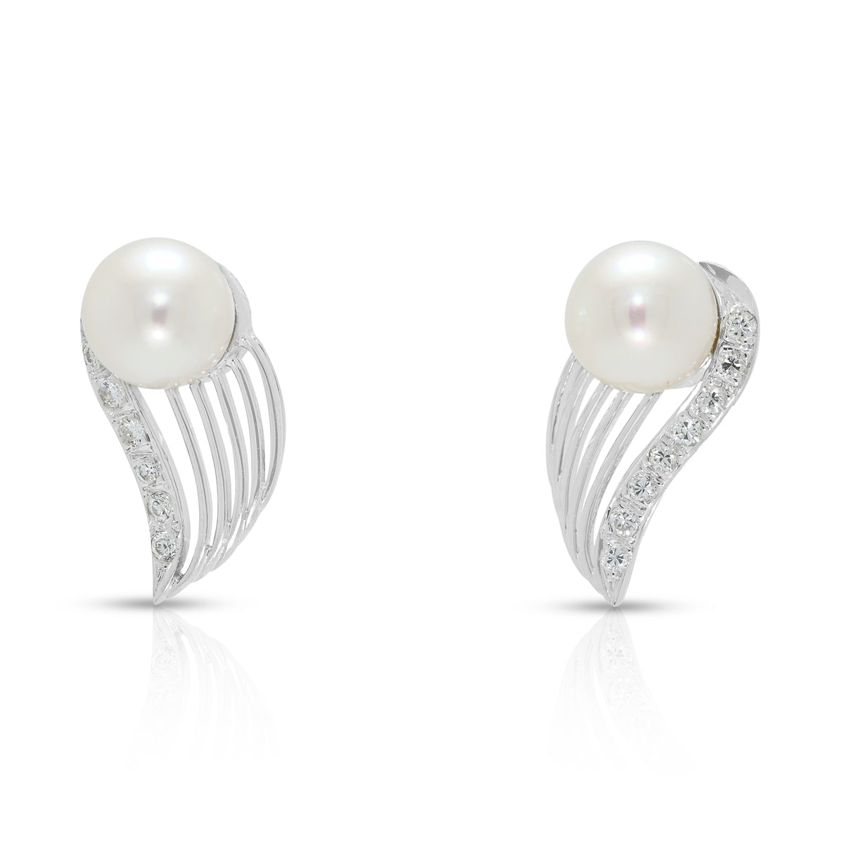 Enchanting 6.5 to 7mm Akoya Pearl and 0.16ct Natural Diamond Sweeping Swirl Stud Earrings in 18K White Gold