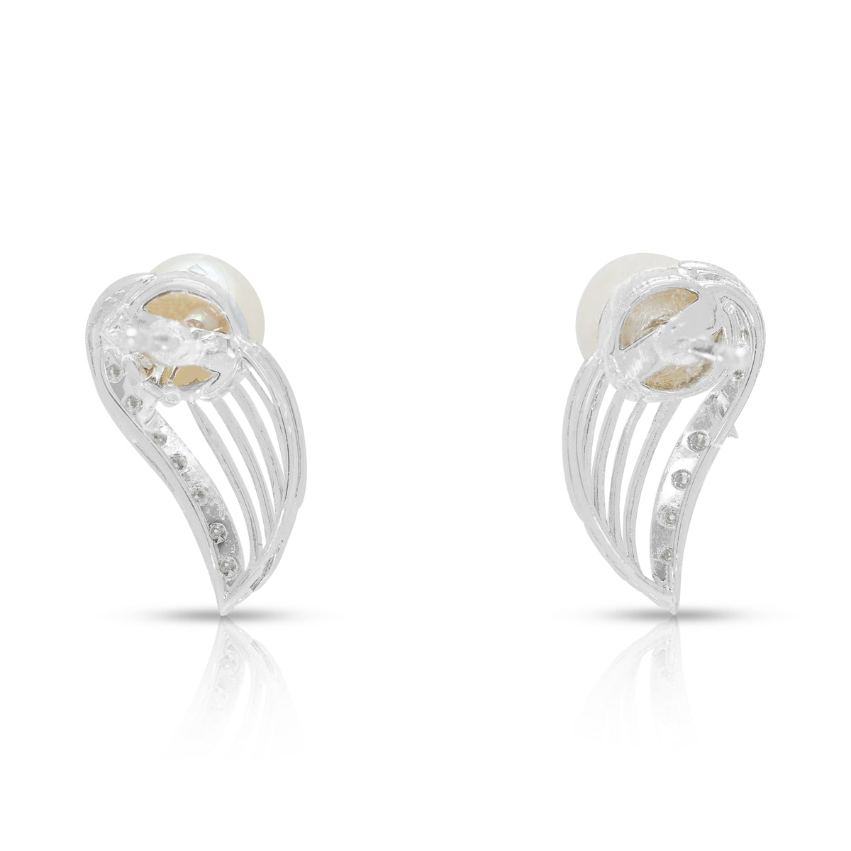 Enchanting 6.5 to 7mm Akoya Pearl and 0.16ct Natural Diamond Sweeping Swirl Stud Earrings in 18K White Gold
