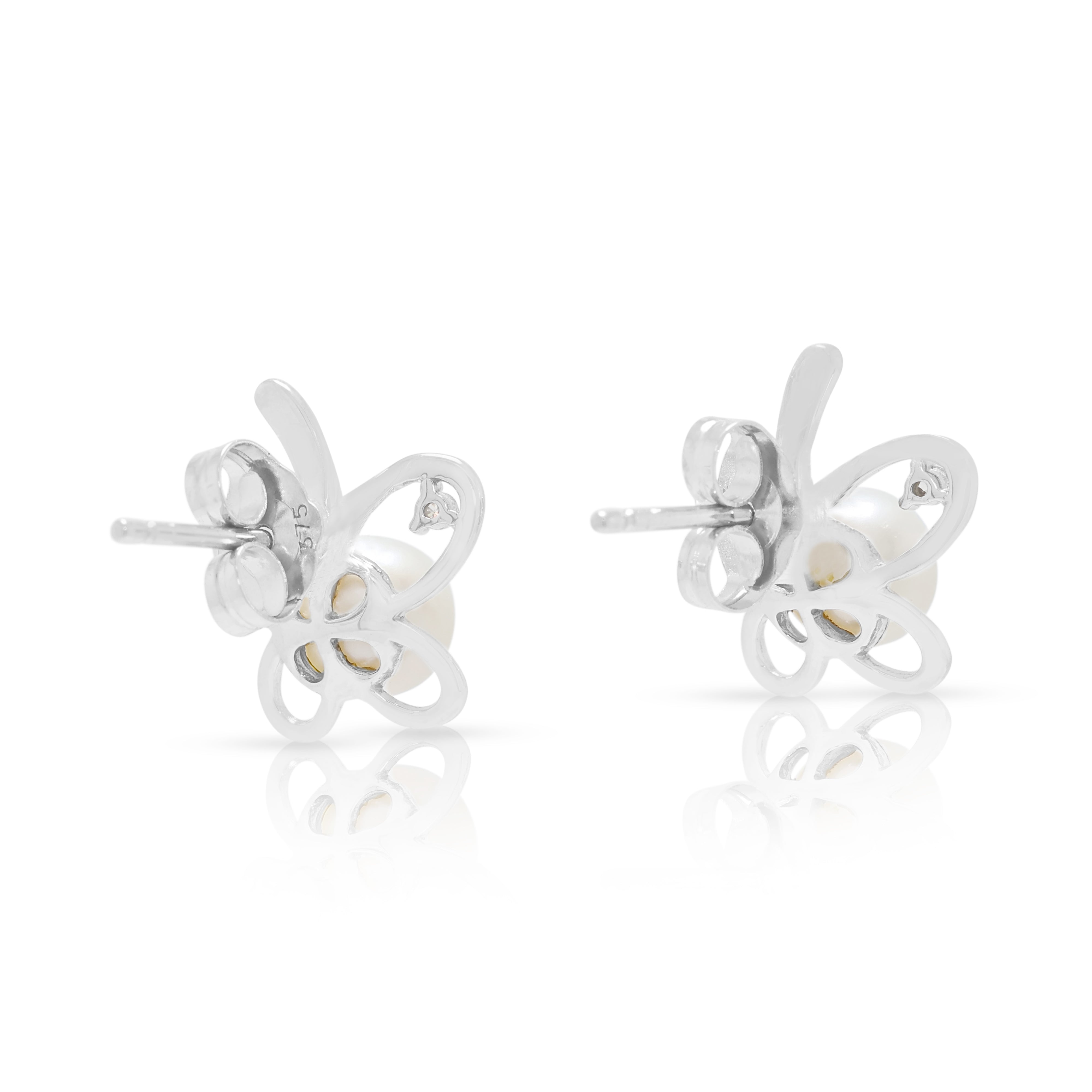 Charming Pearl and 0.04ct Natural Diamond Butterfly Stud Earrings in 9K White Gold