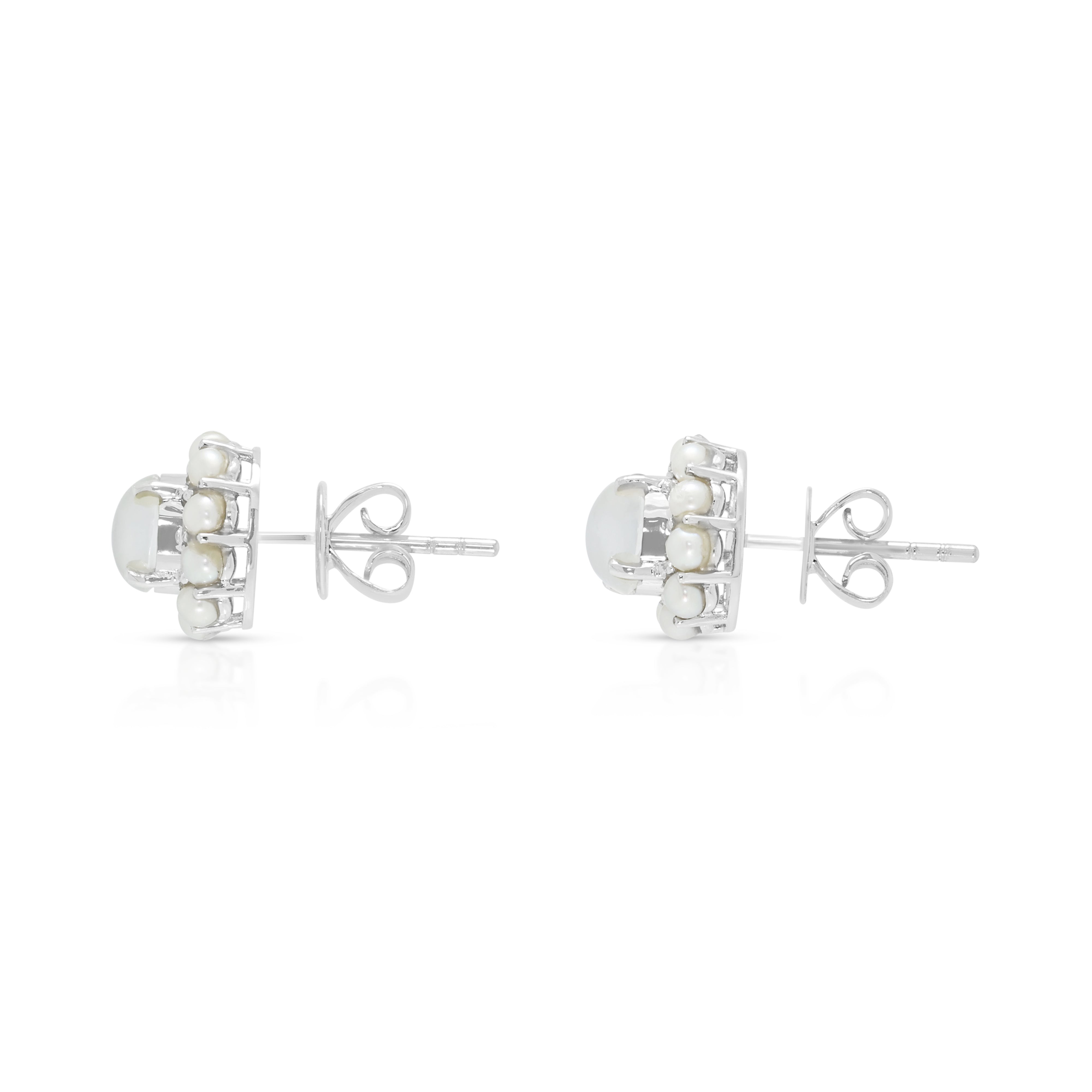 Ethereal 1.00ct Moonstone and Pearl Halo Stud Earrings in 18K White Gold