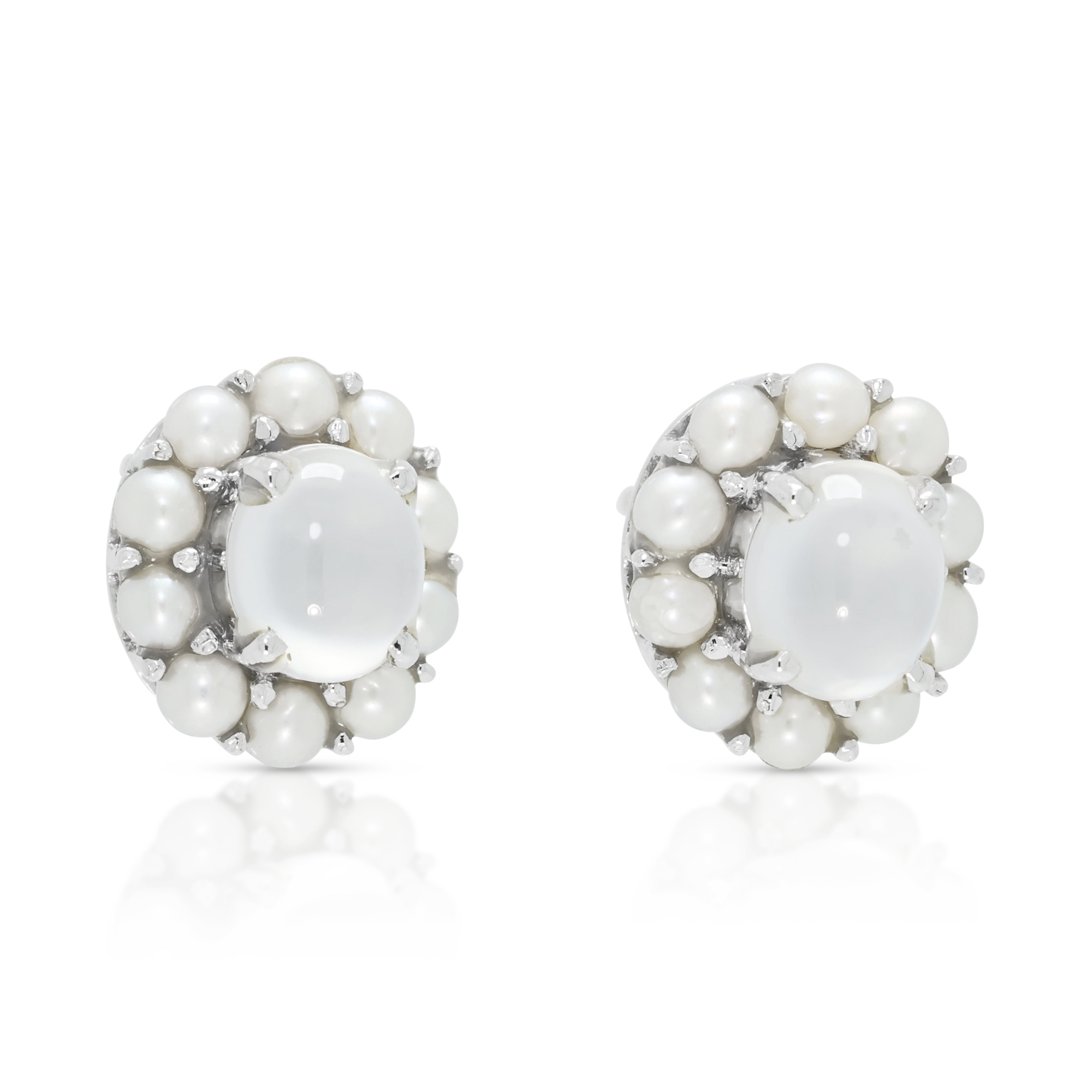 Ethereal 1.00ct Moonstone and Pearl Halo Stud Earrings in 18K White Gold