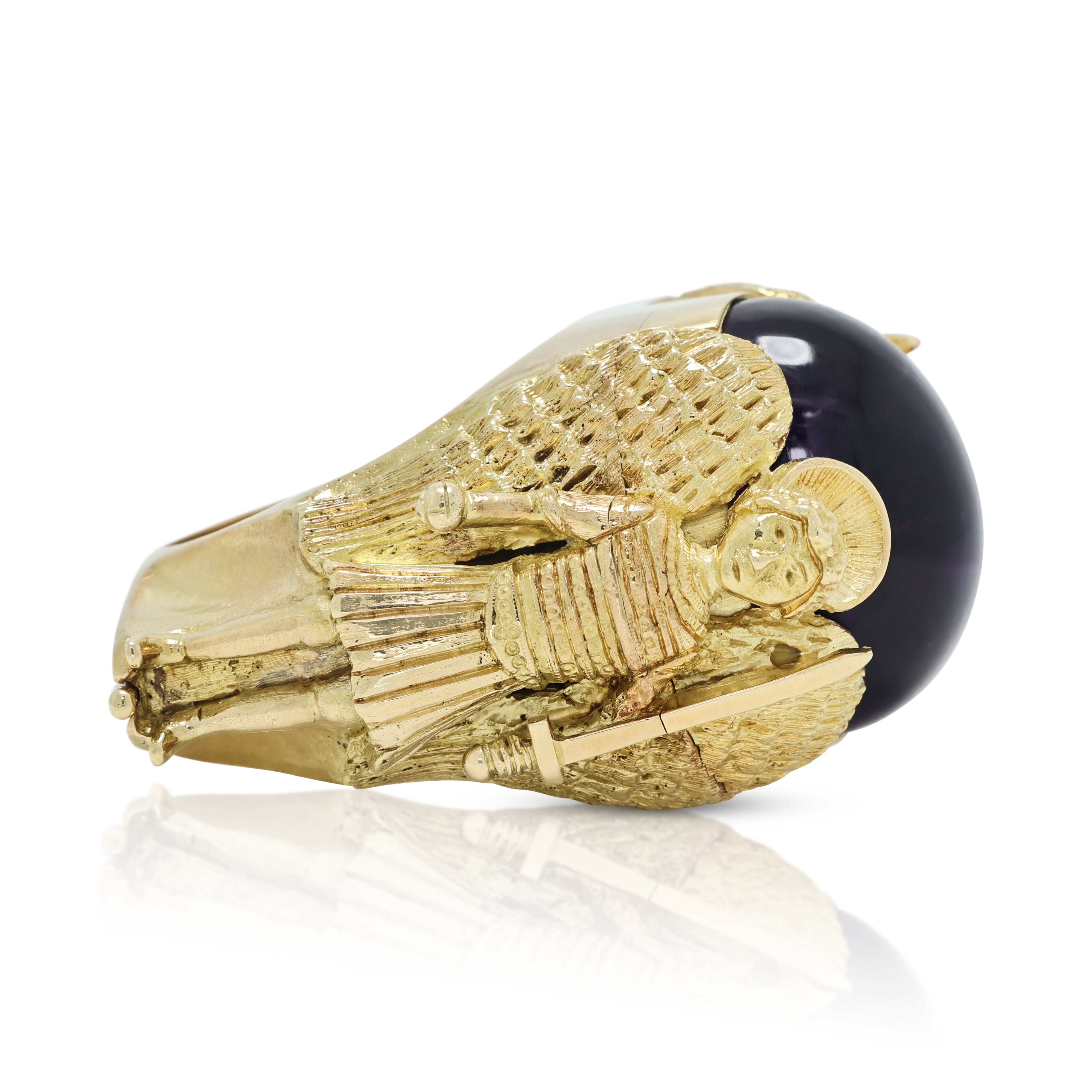 Sovereign 45.00ct Amethyst Cabochon Archangel Secret Compartment Ring in 18K Yellow Gold