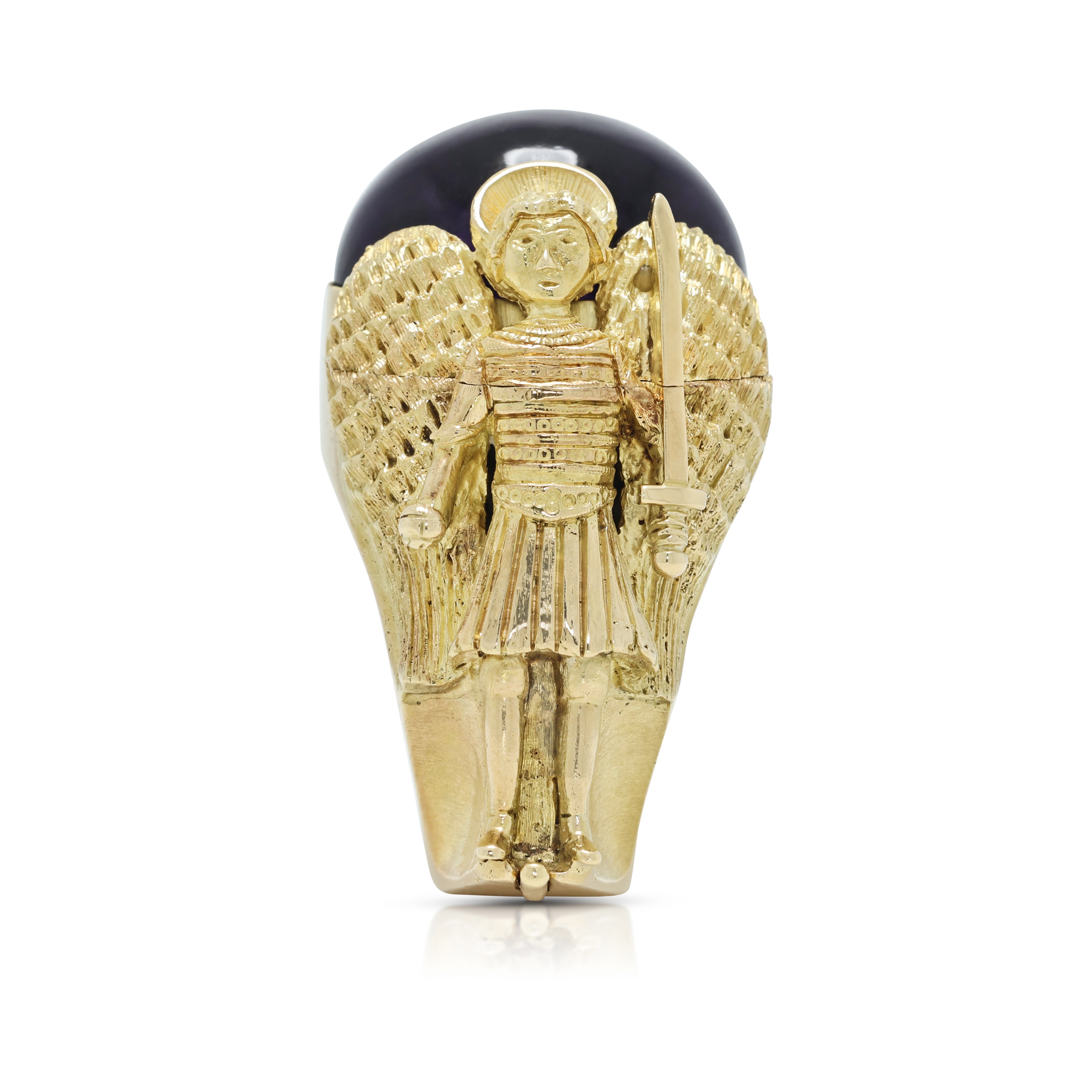 Sovereign 45.00ct Amethyst Cabochon Archangel Secret Compartment Ring in 18K Yellow Gold