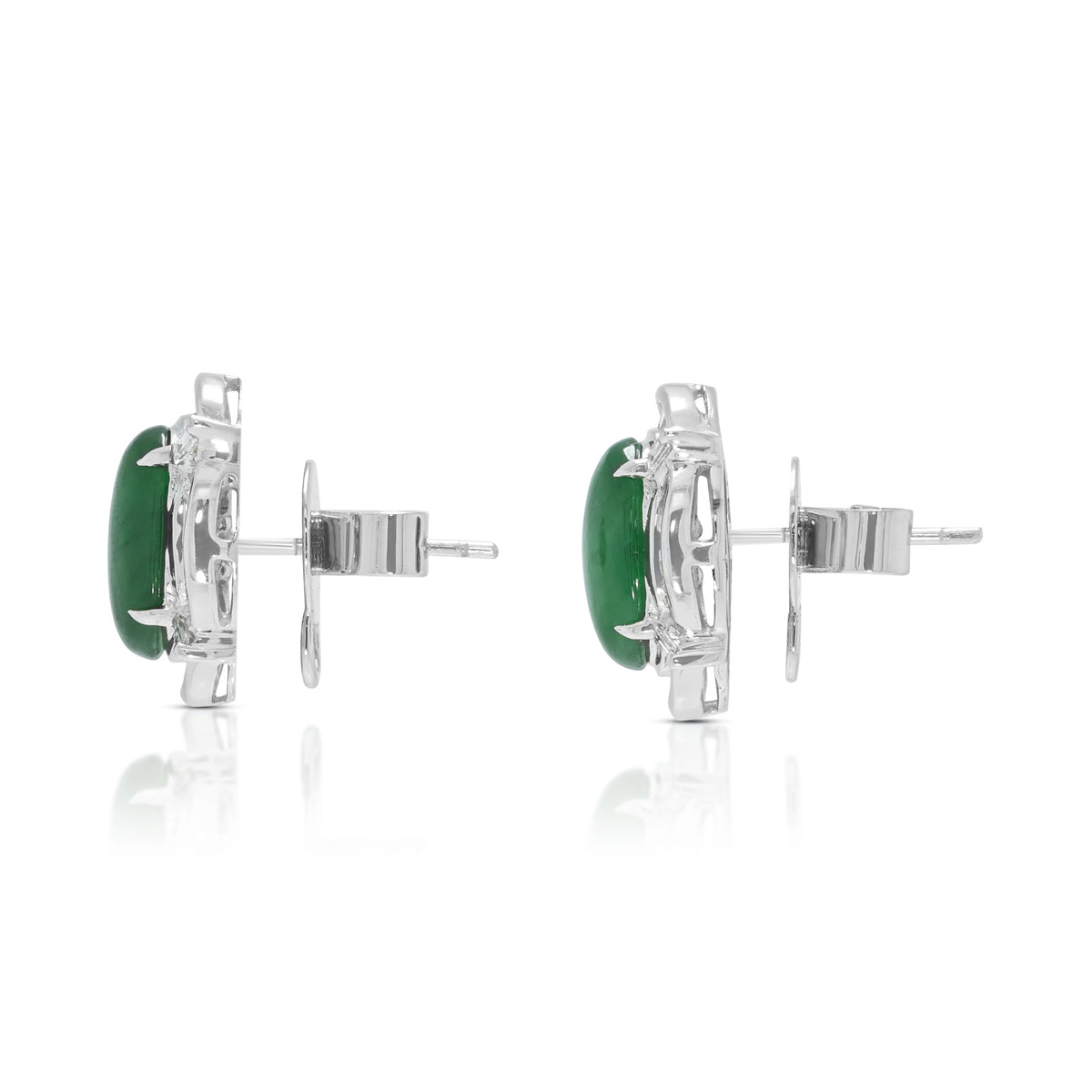 Verdant Natural Type-A Jadeite Jade and 0.44ct Natural Diamond Sunburst Halo Stud Earrings in 18K White Gold with NGI Certificate