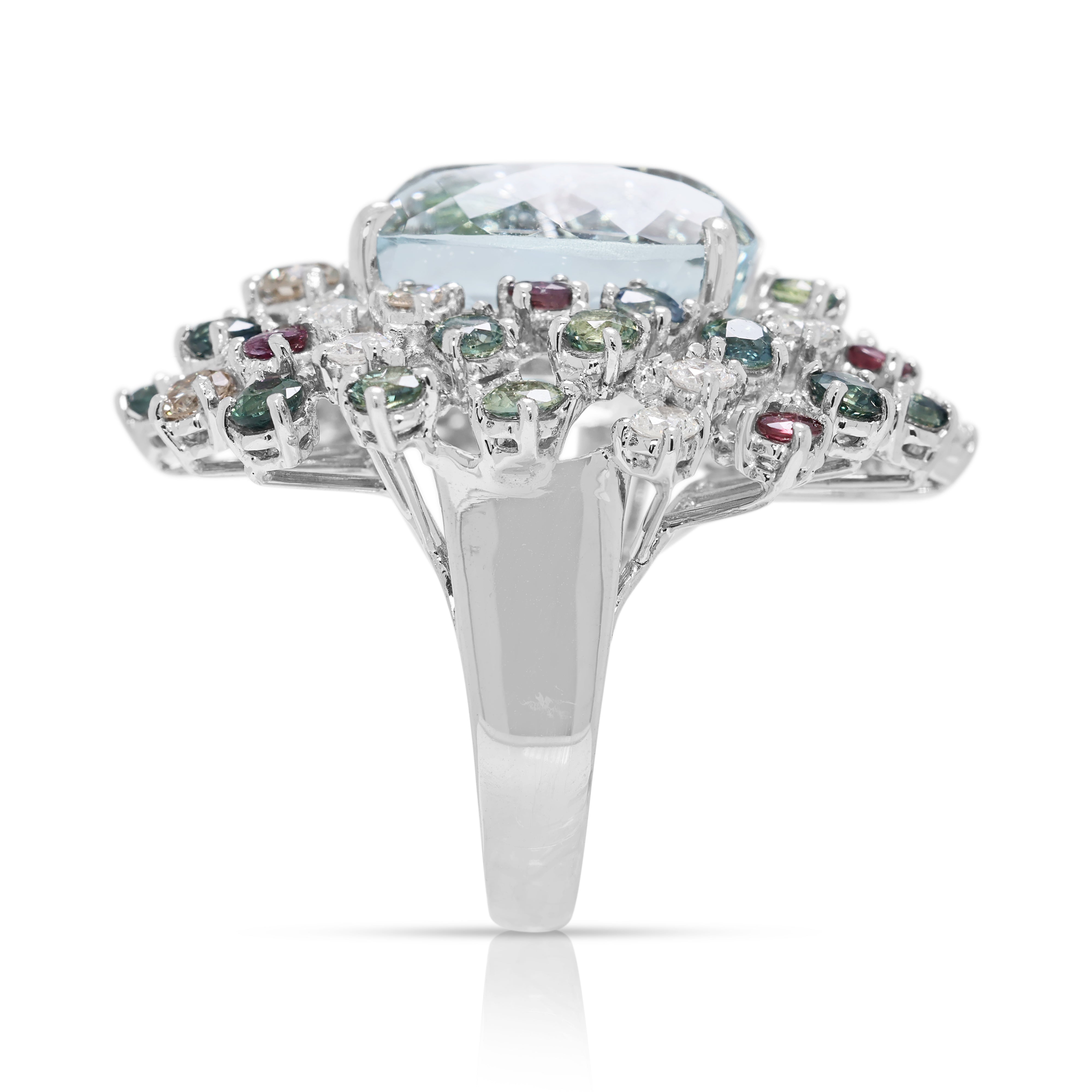 Vibrant 13.39ct Aquamarine, Natural Diamond, Sapphire & Ruby Cocktail Ring in 14K White Gold - UGL Certified