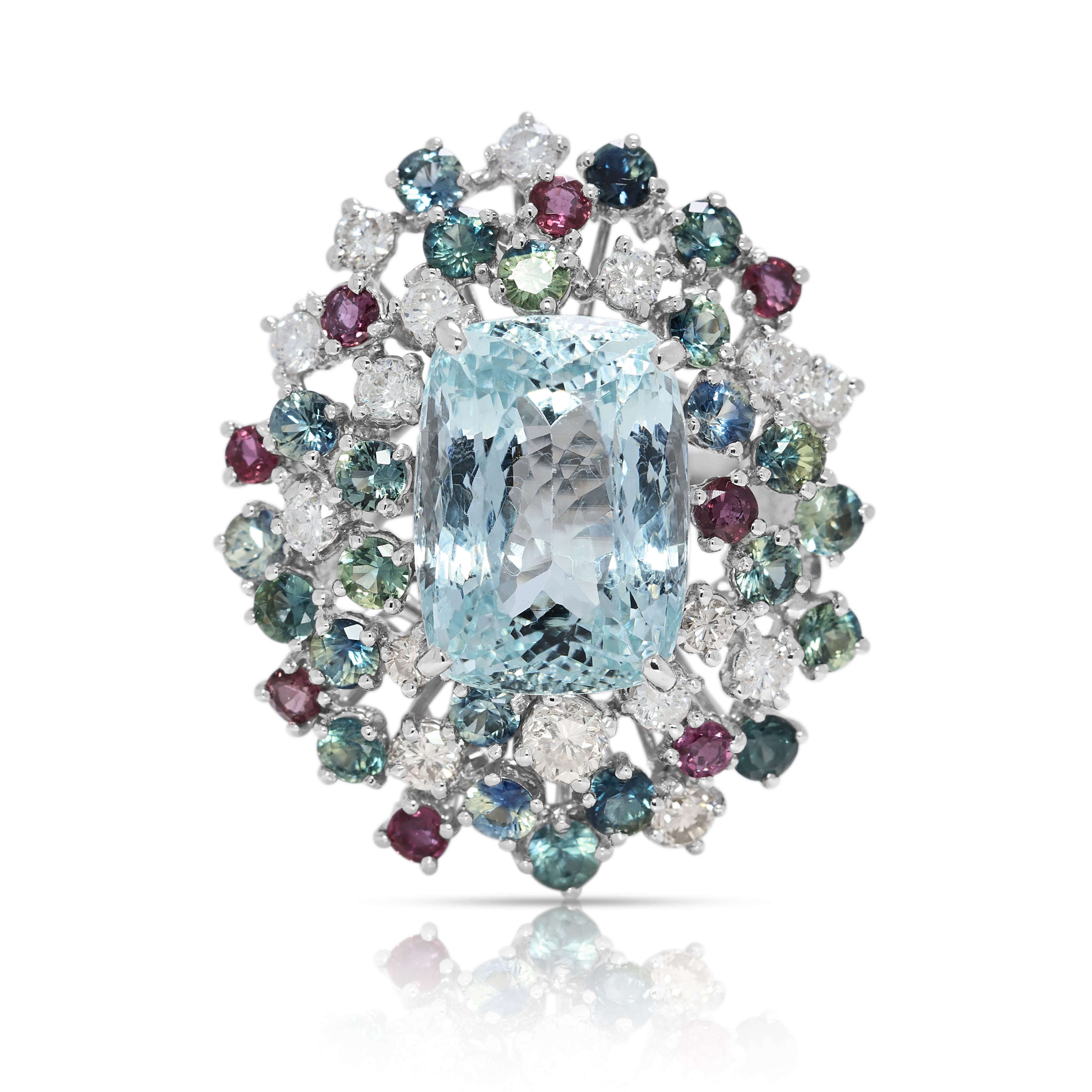Vibrant 13.39ct Aquamarine, Natural Diamond, Sapphire & Ruby Cocktail Ring in 14K White Gold - UGL Certified