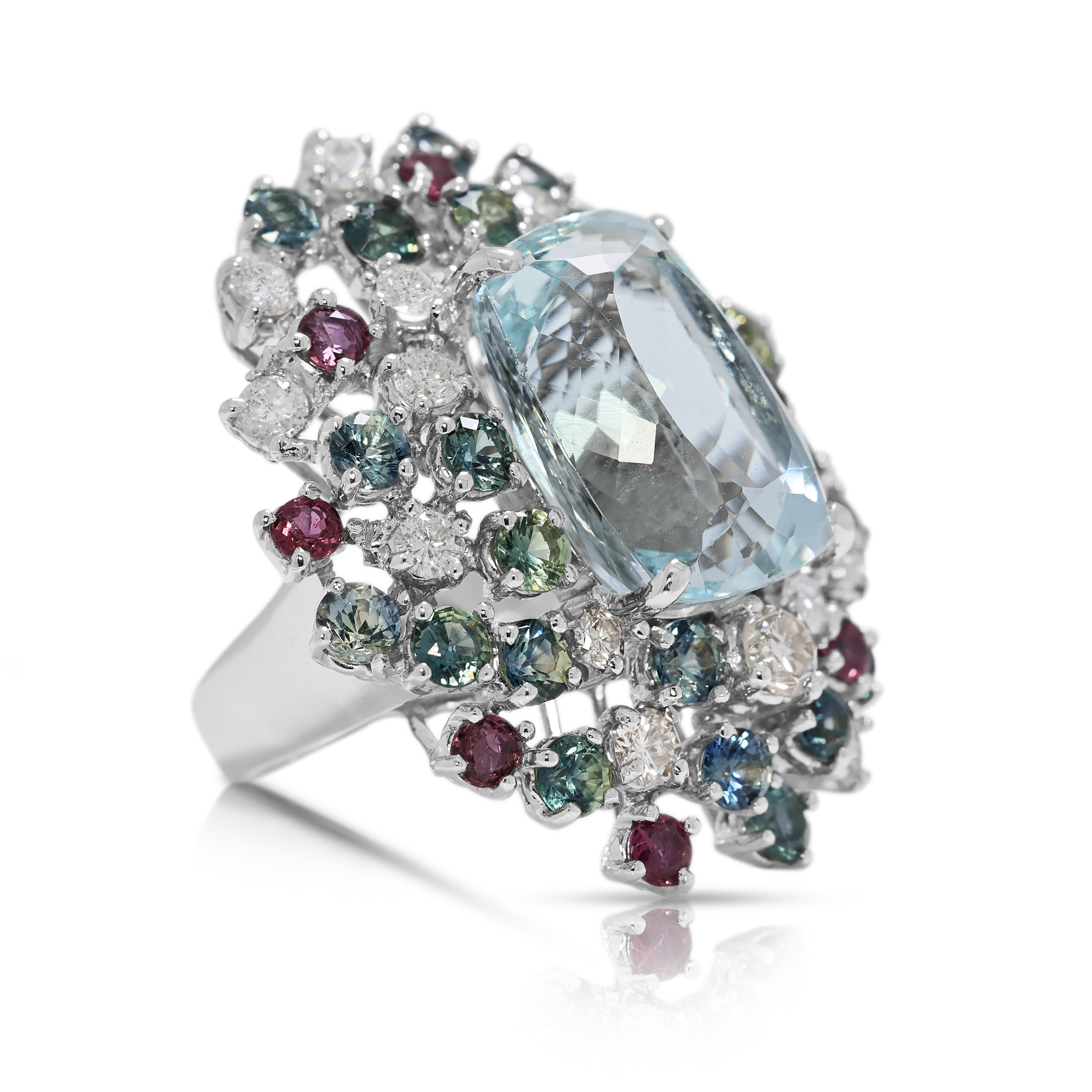 Vibrant 13.39ct Aquamarine, Natural Diamond, Sapphire & Ruby Cocktail Ring in 14K White Gold - UGL Certified
