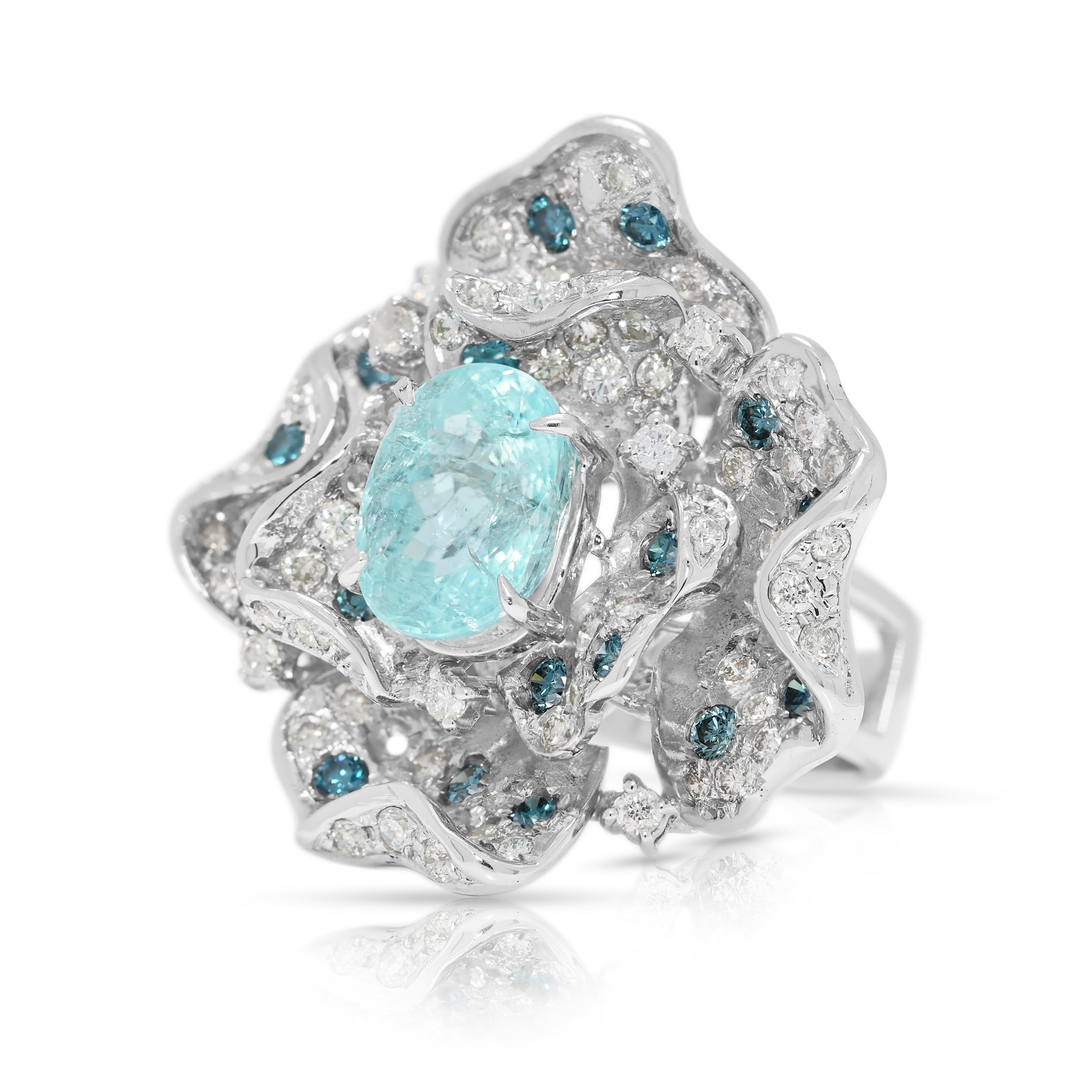 Exquisite 5.93ct Paraiba Tourmaline & Natural Diamond Floral Cocktail Ring in 18K White Gold - GIA Certified