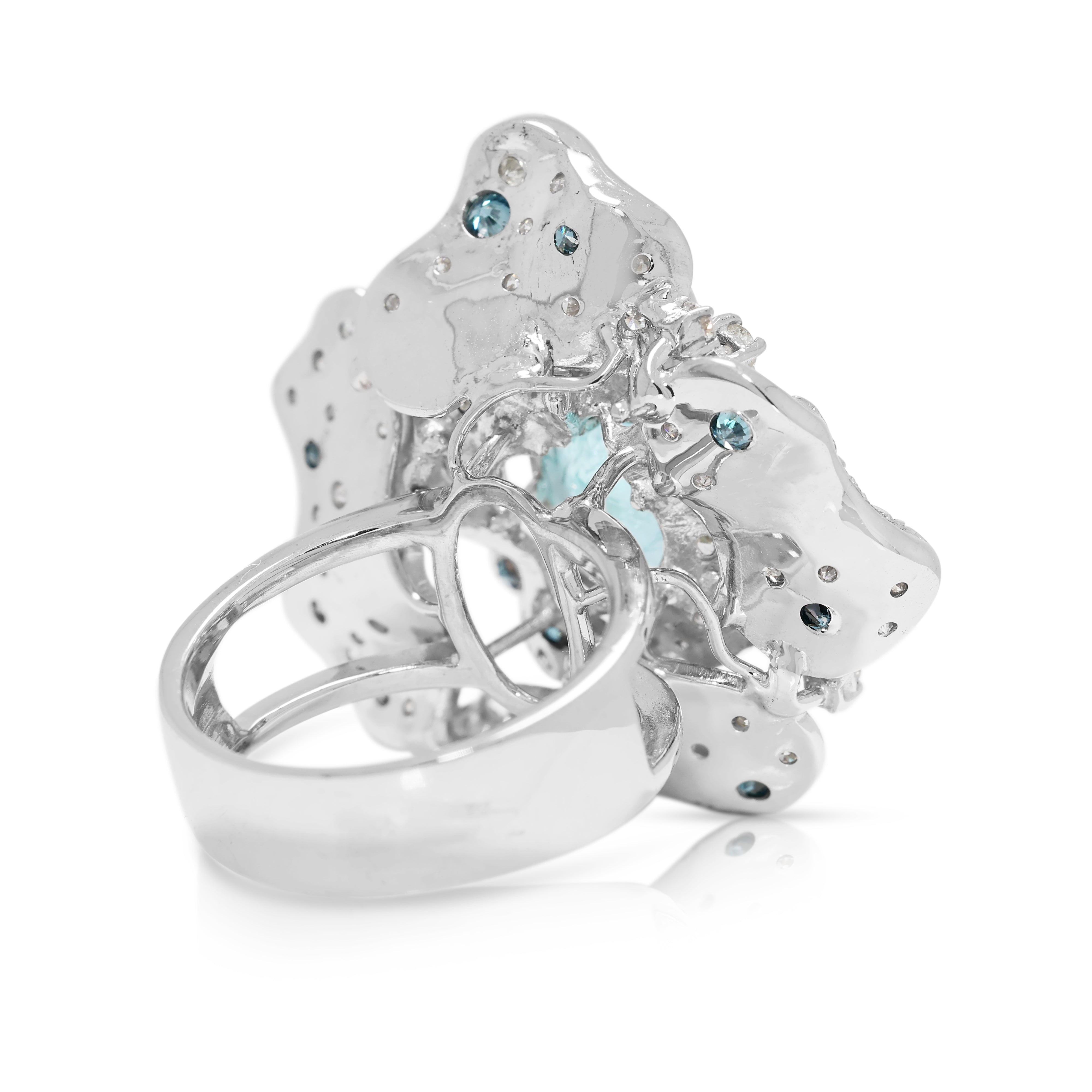 Exquisite 5.93ct Paraiba Tourmaline & Natural Diamond Floral Cocktail Ring in 18K White Gold - GIA Certified