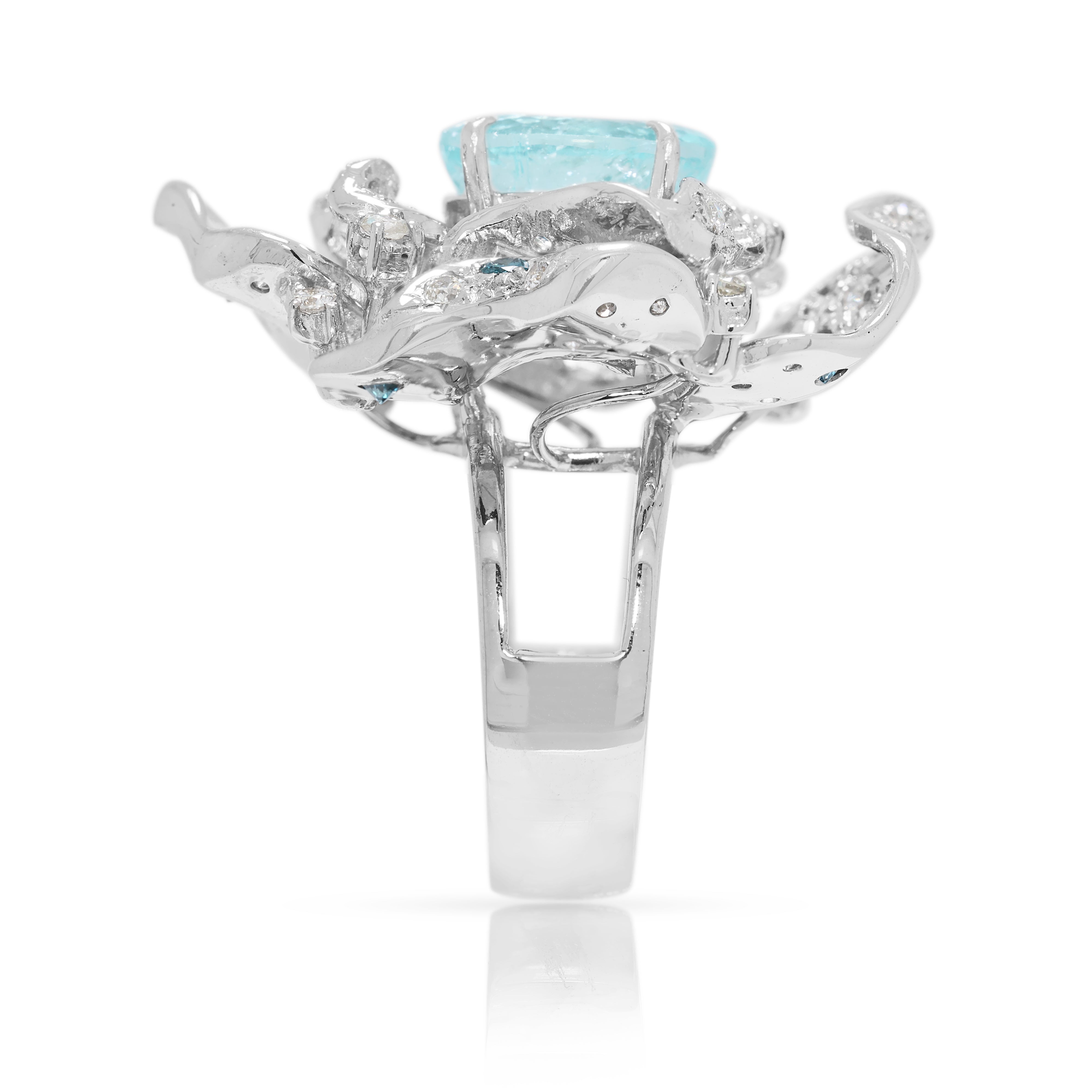Exquisite 5.93ct Paraiba Tourmaline & Natural Diamond Floral Cocktail Ring in 18K White Gold - GIA Certified