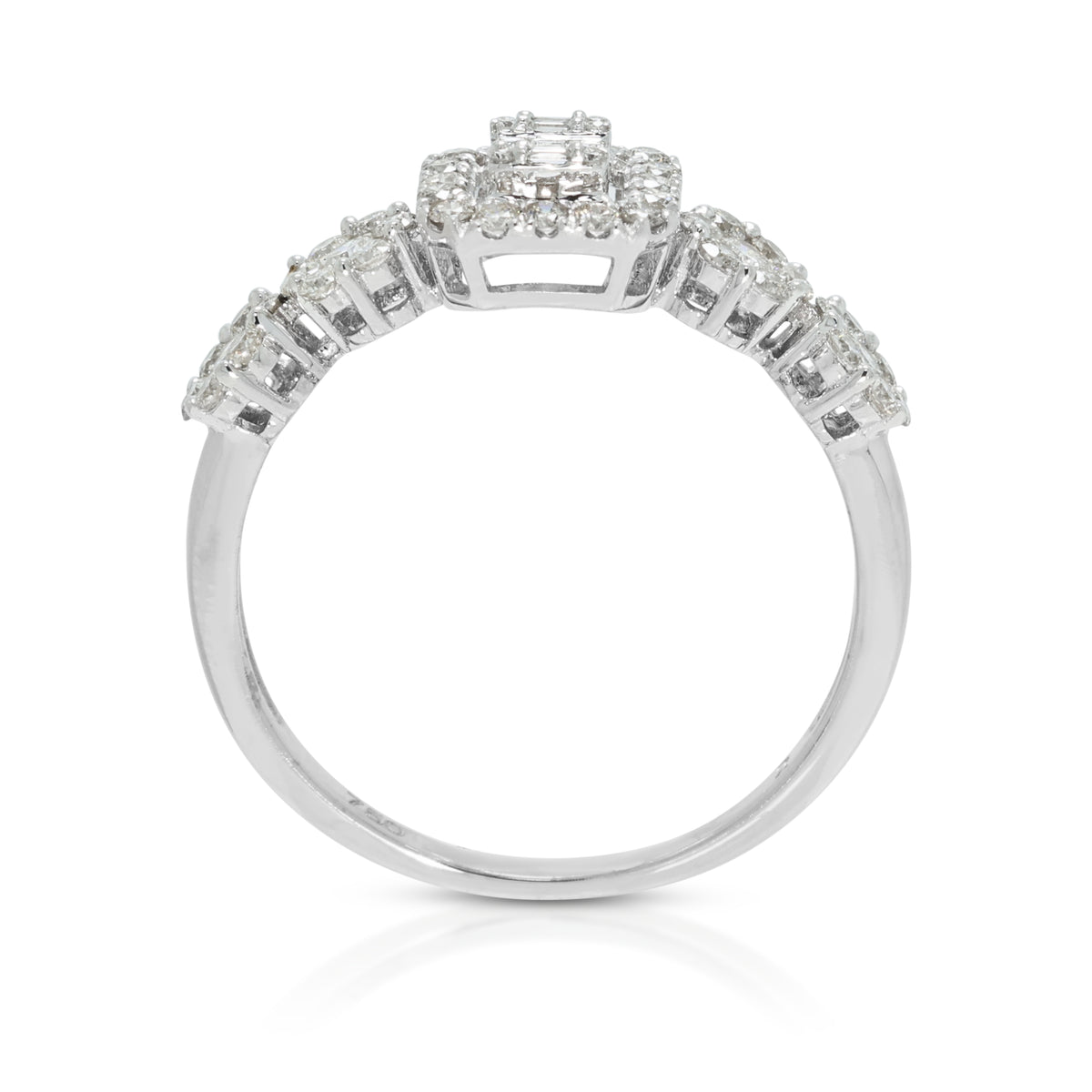 Sophisticated 0.95ct Round Brilliant and 0.10ct Baguette Diamond Emerald-Cut Illusion Halo Ring in 18K White Gold