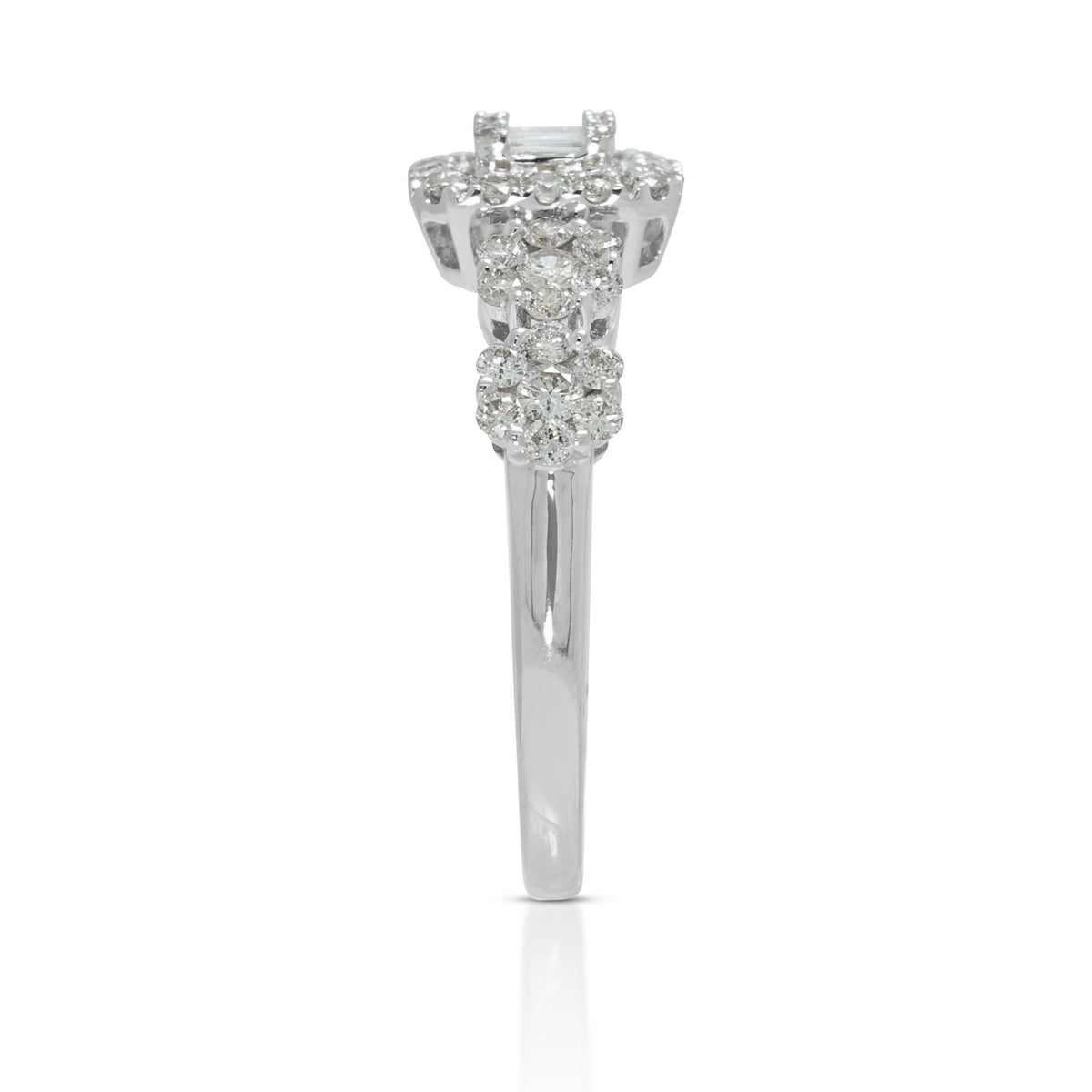 Sophisticated 0.95ct Round Brilliant and 0.10ct Baguette Diamond Emerald-Cut Illusion Halo Ring in 18K White Gold