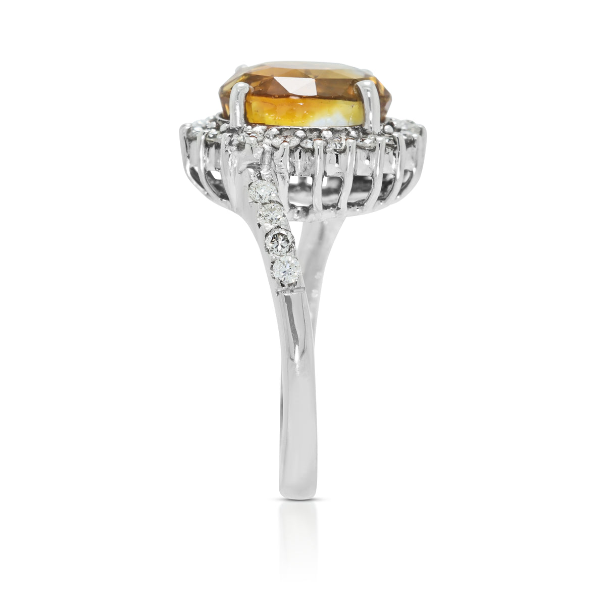 Vibrant 4.81ct Yellow Sapphire and 0.27ct Natural Diamond Bypass Halo Ring in 9K White Gold