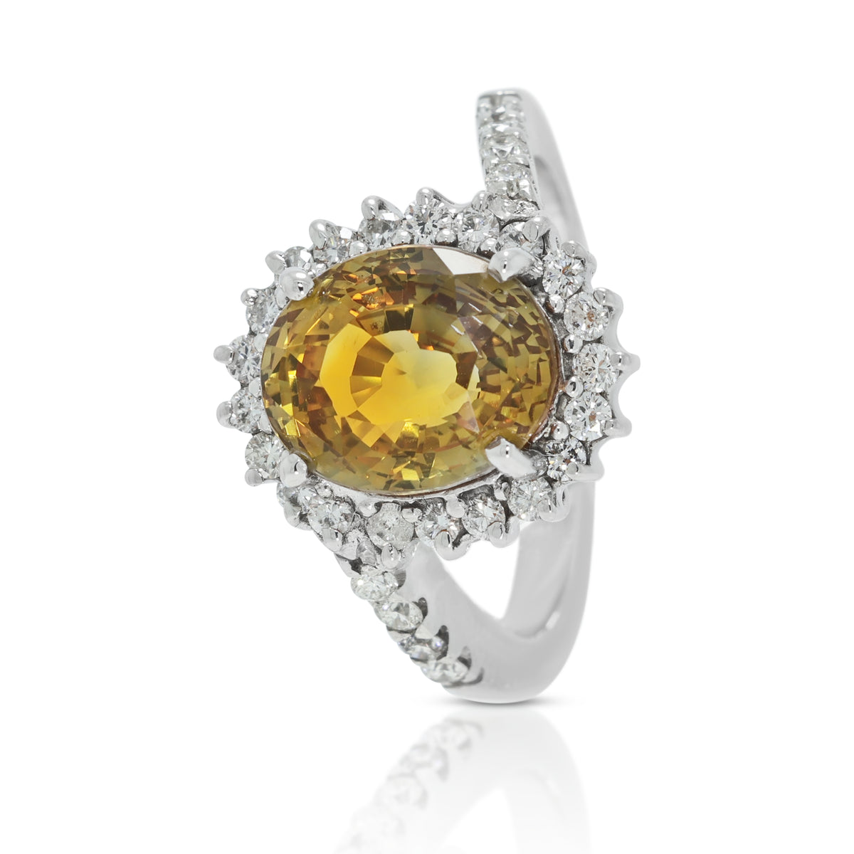 Vibrant 4.81ct Yellow Sapphire and 0.27ct Natural Diamond Bypass Halo Ring in 9K White Gold