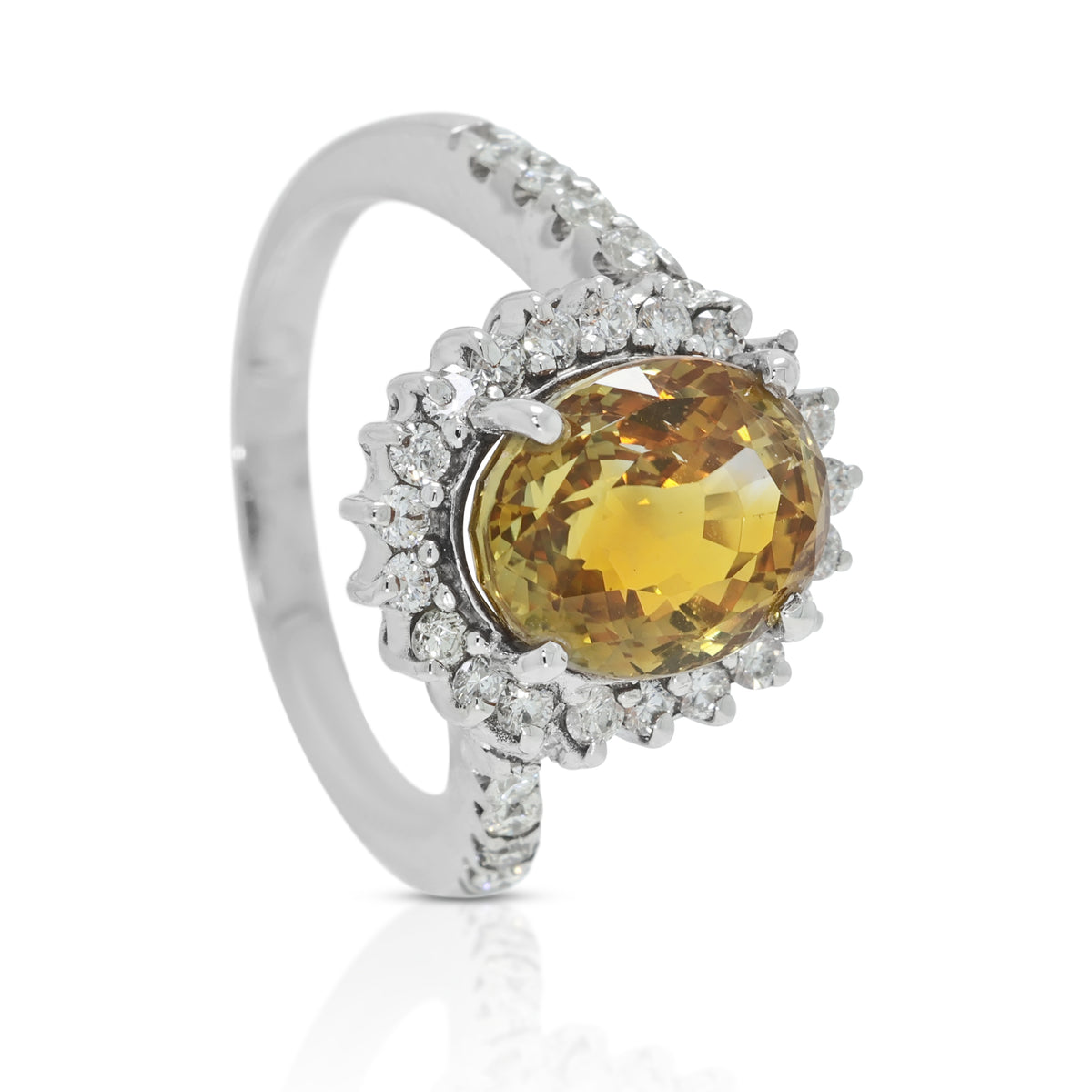 Vibrant 4.81ct Yellow Sapphire and 0.27ct Natural Diamond Bypass Halo Ring in 9K White Gold