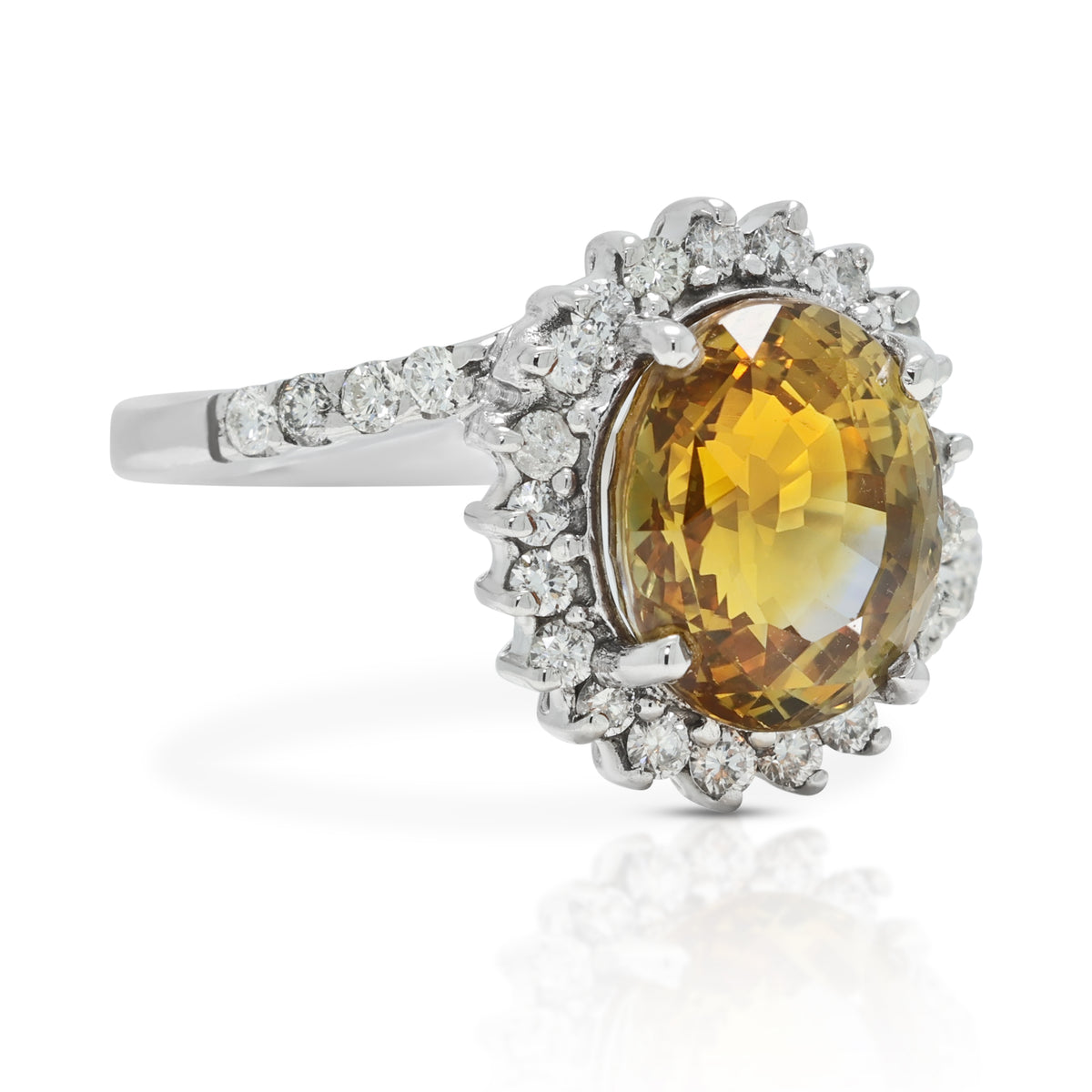Vibrant 4.81ct Yellow Sapphire and 0.27ct Natural Diamond Bypass Halo Ring in 9K White Gold
