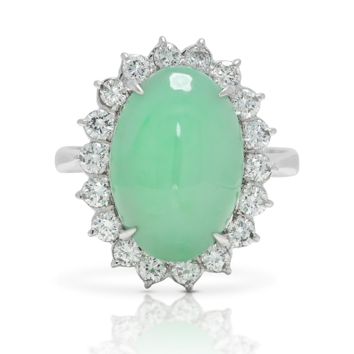 Exquisite Natural Fei Cui Jadeite Jade and 0.36ct Natural Diamond Halo Ring in 14K White Gold - NGI Certified