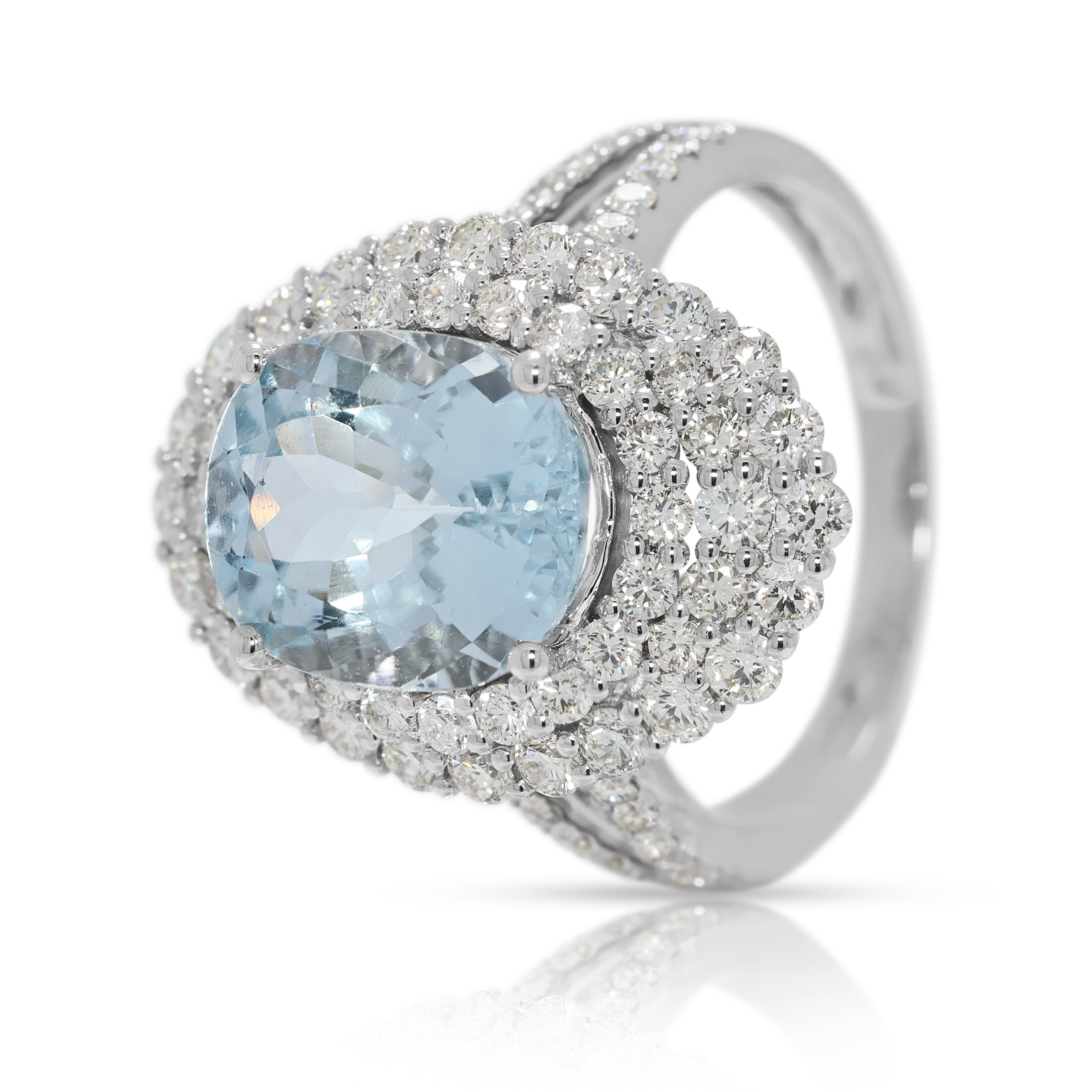 Statement 5.74ct Aquamarine & Natural Diamond Double-Halo Ring in 18K White Gold