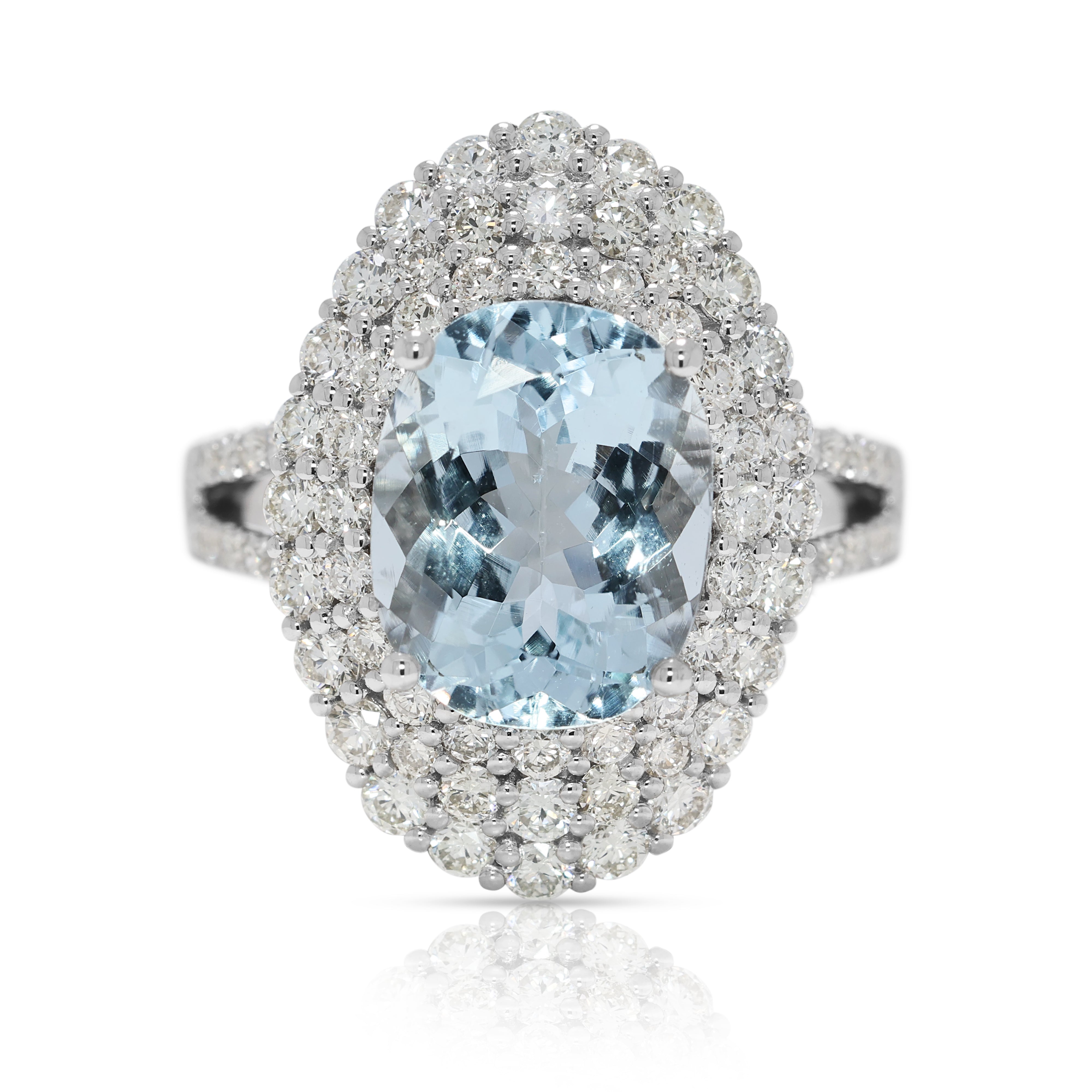 Statement 5.74ct Aquamarine & Natural Diamond Double-Halo Ring in 18K White Gold
