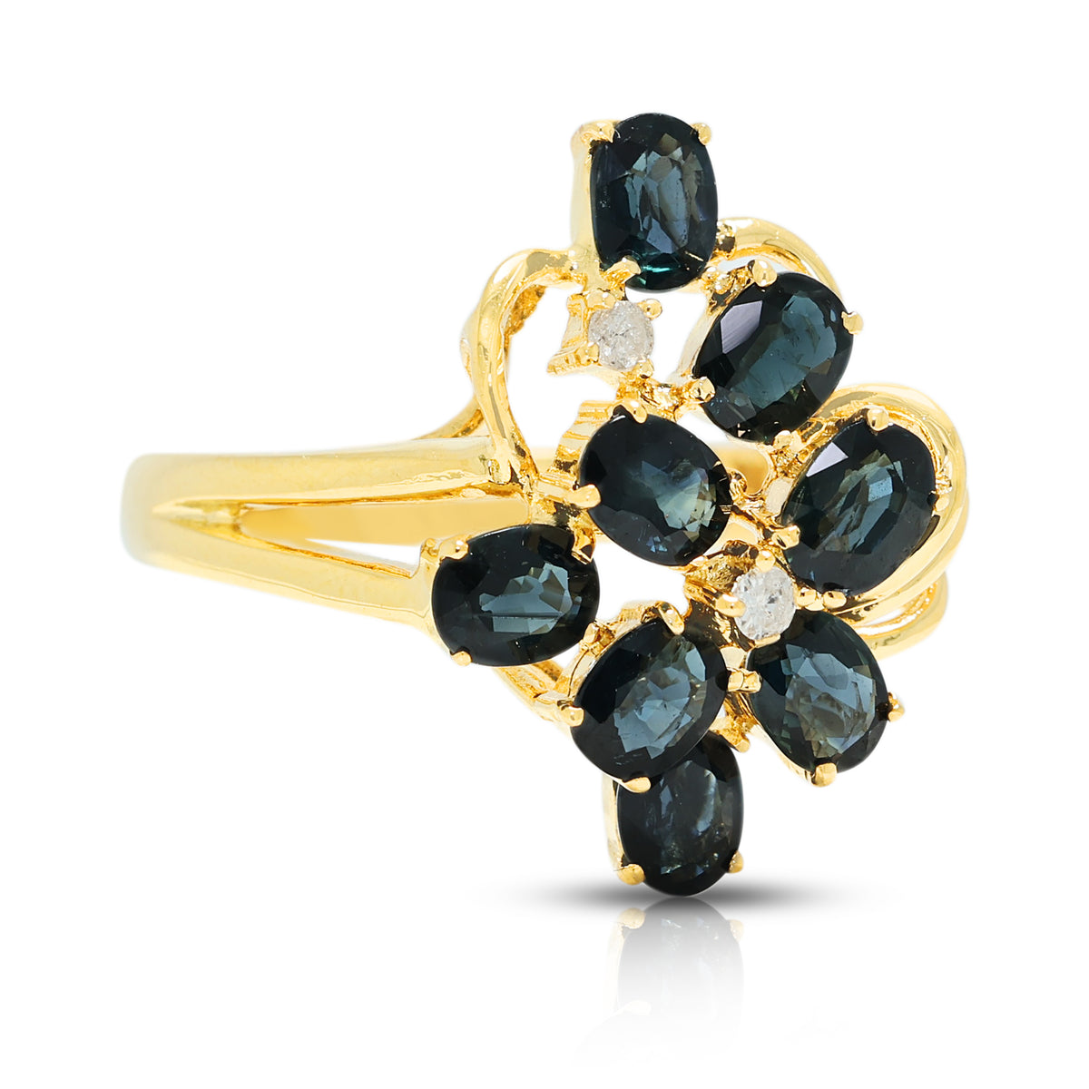 Splendid 1.10ct Sapphire and 0.02ct Natural Diamond Floral Cluster Ring in 14K Yellow Gold