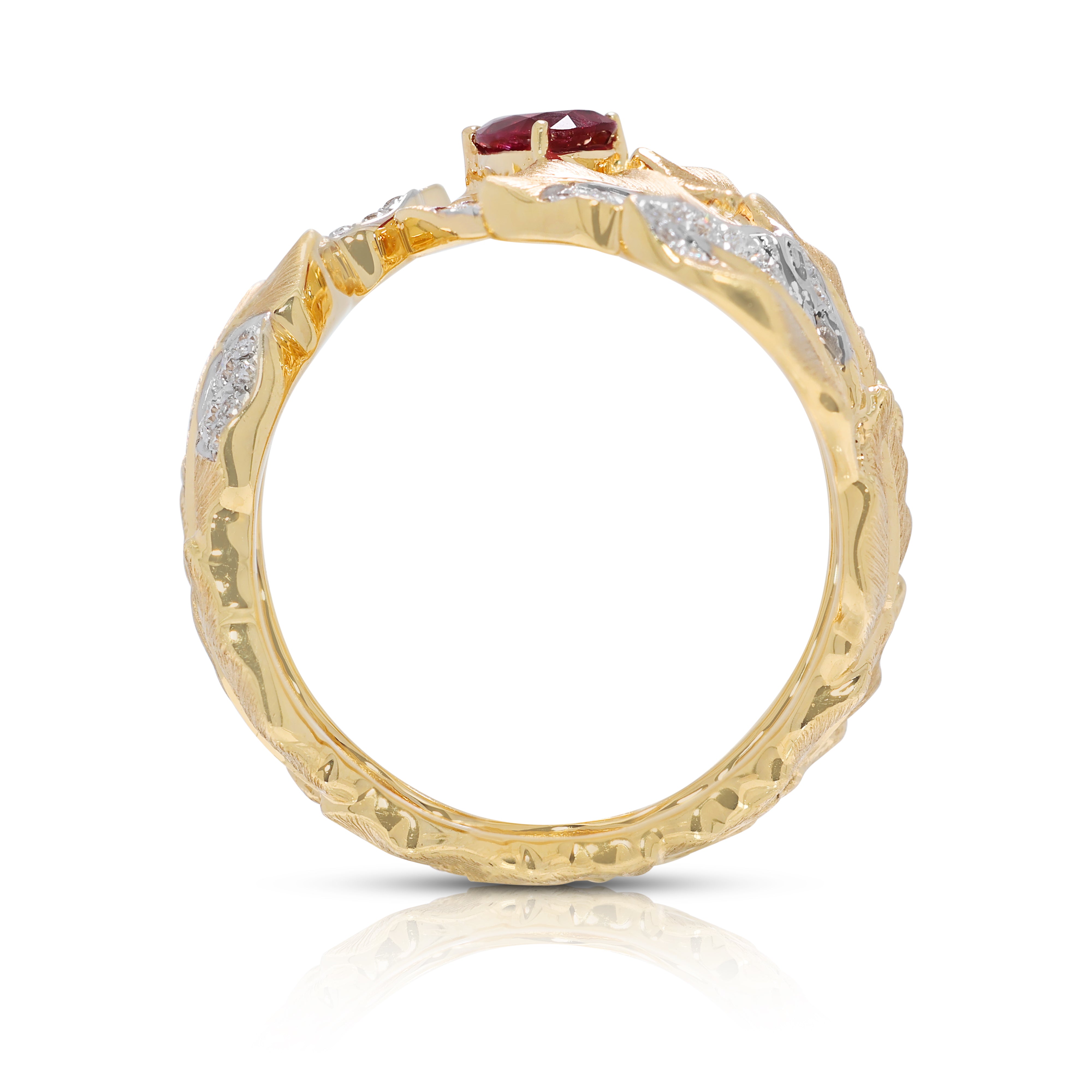 Nature-inspired 0.45ct Ruby & Natural Diamond Leaf Motif Ring in 18K Yellow Gold