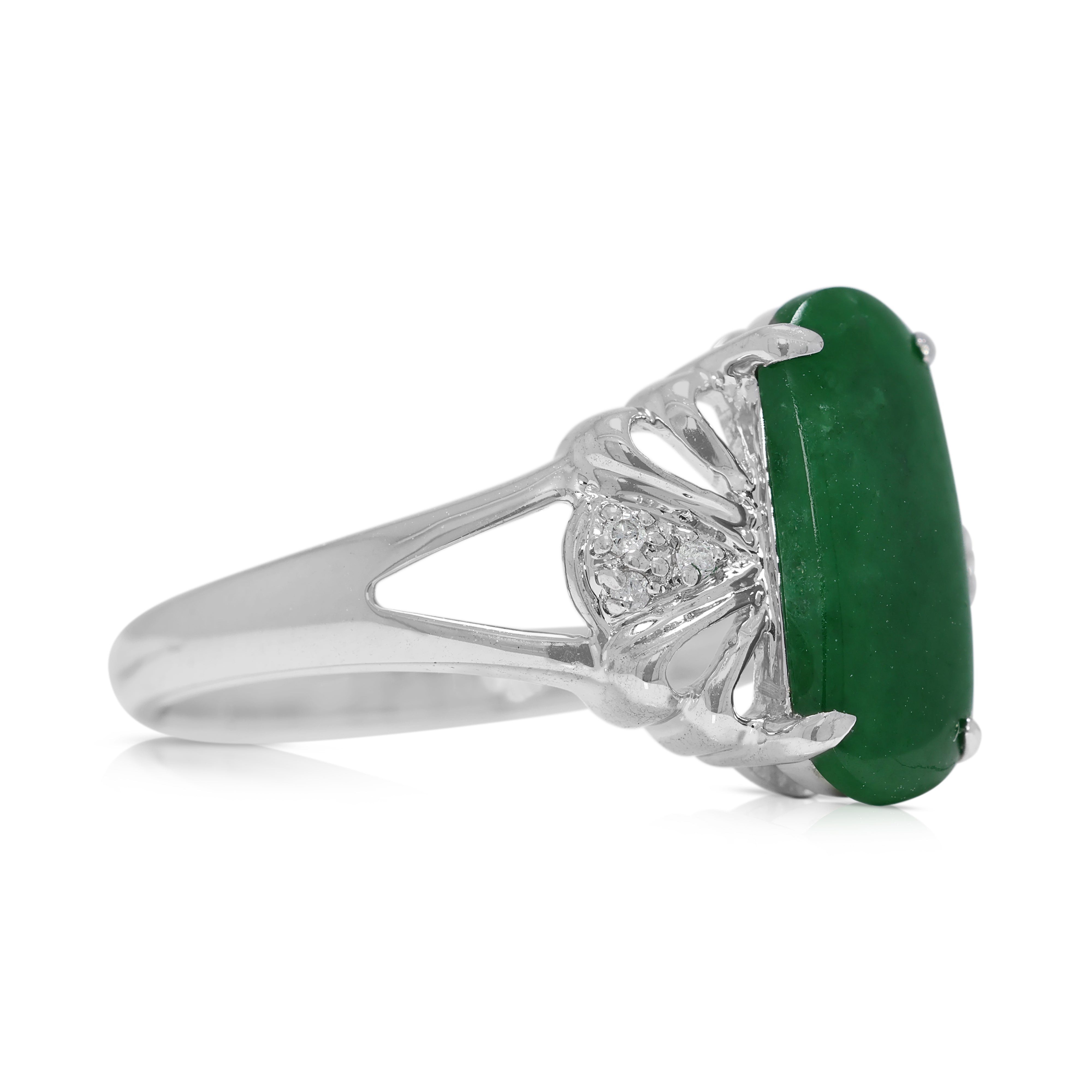 Elegant Green Jade & 0.03ct Natural Diamond Ring in 18K White Gold