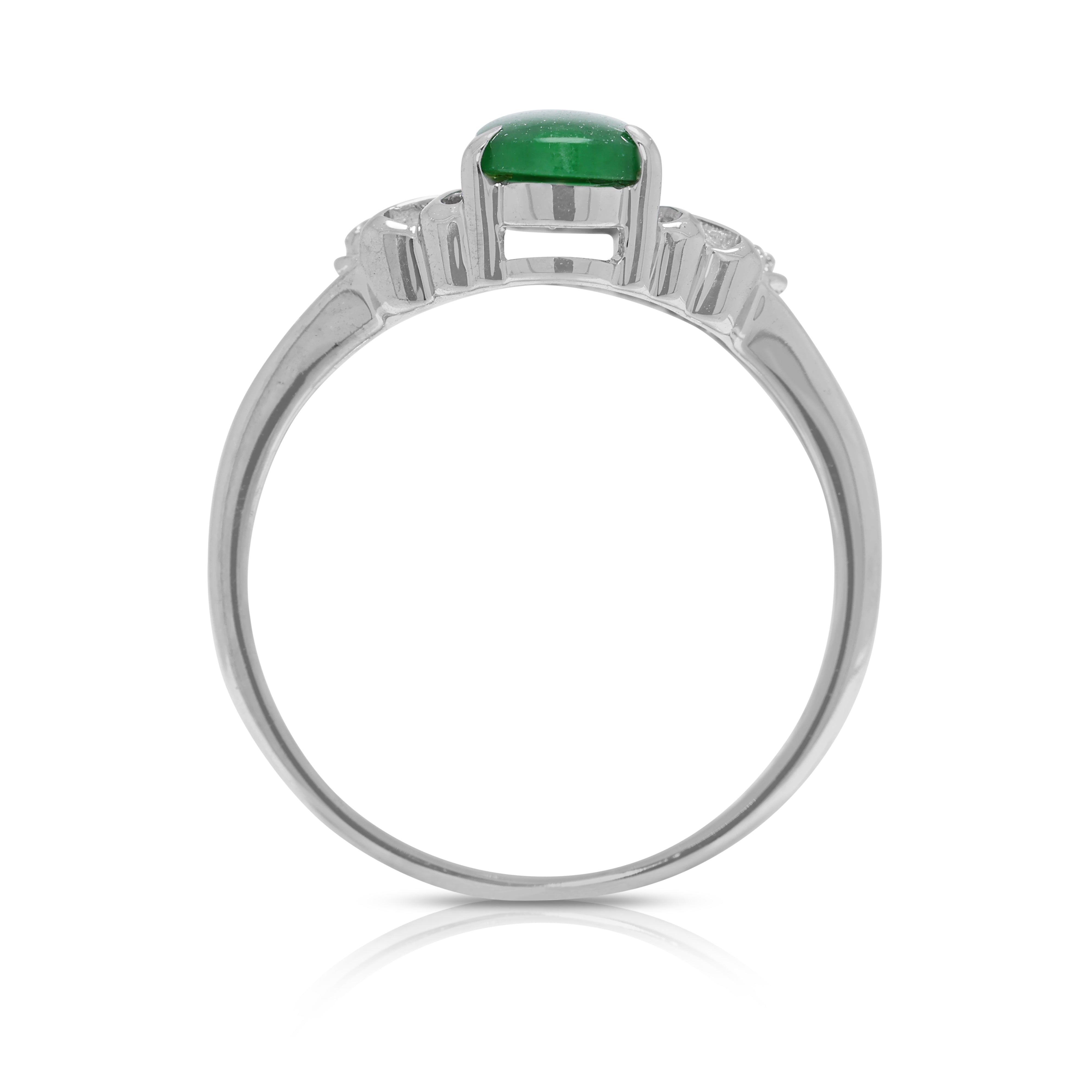 Elegant Green Jade & 0.03ct Natural Diamond Ring in 18K White Gold