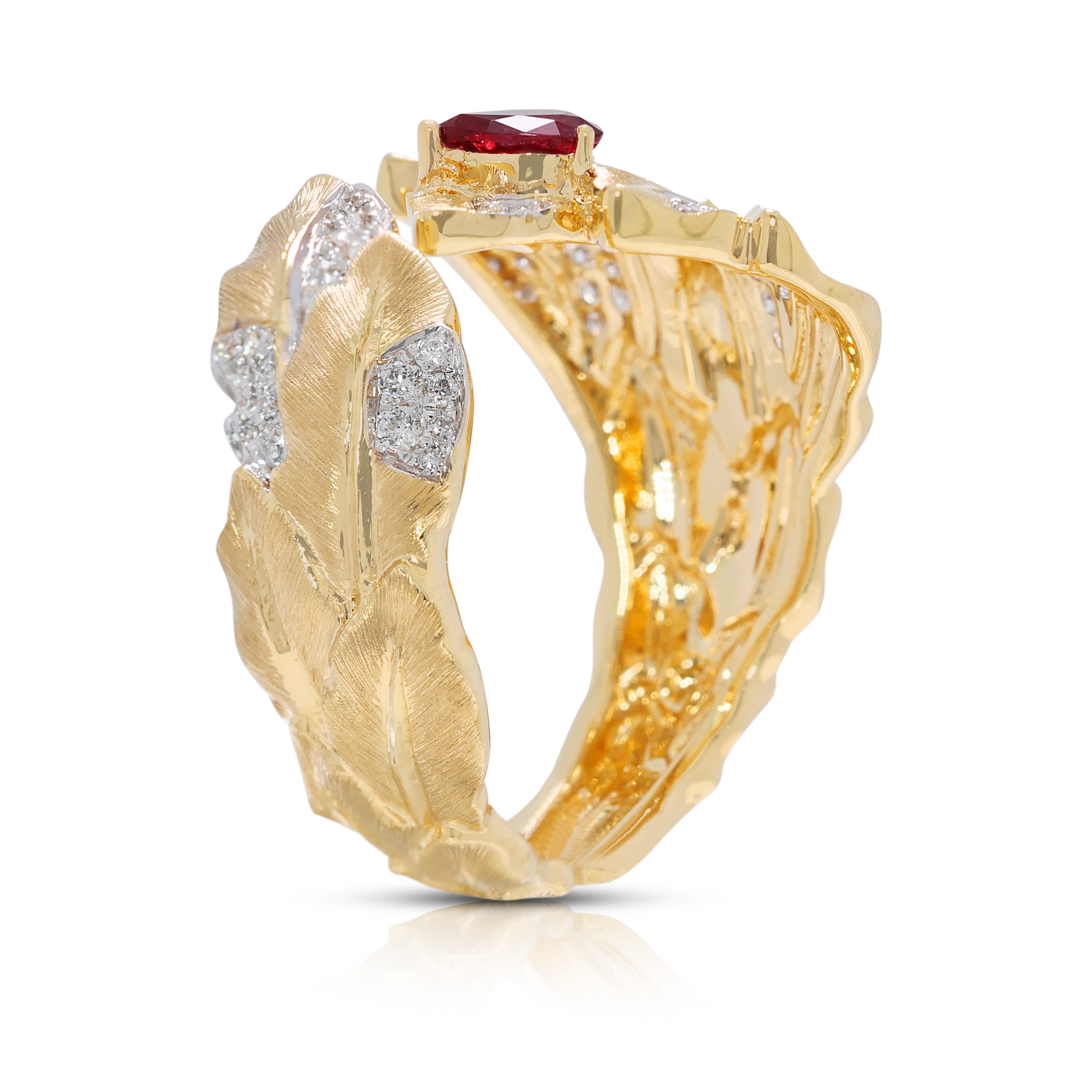 Nature-inspired 0.45ct Ruby & Natural Diamond Leaf Motif Ring in 18K Yellow Gold