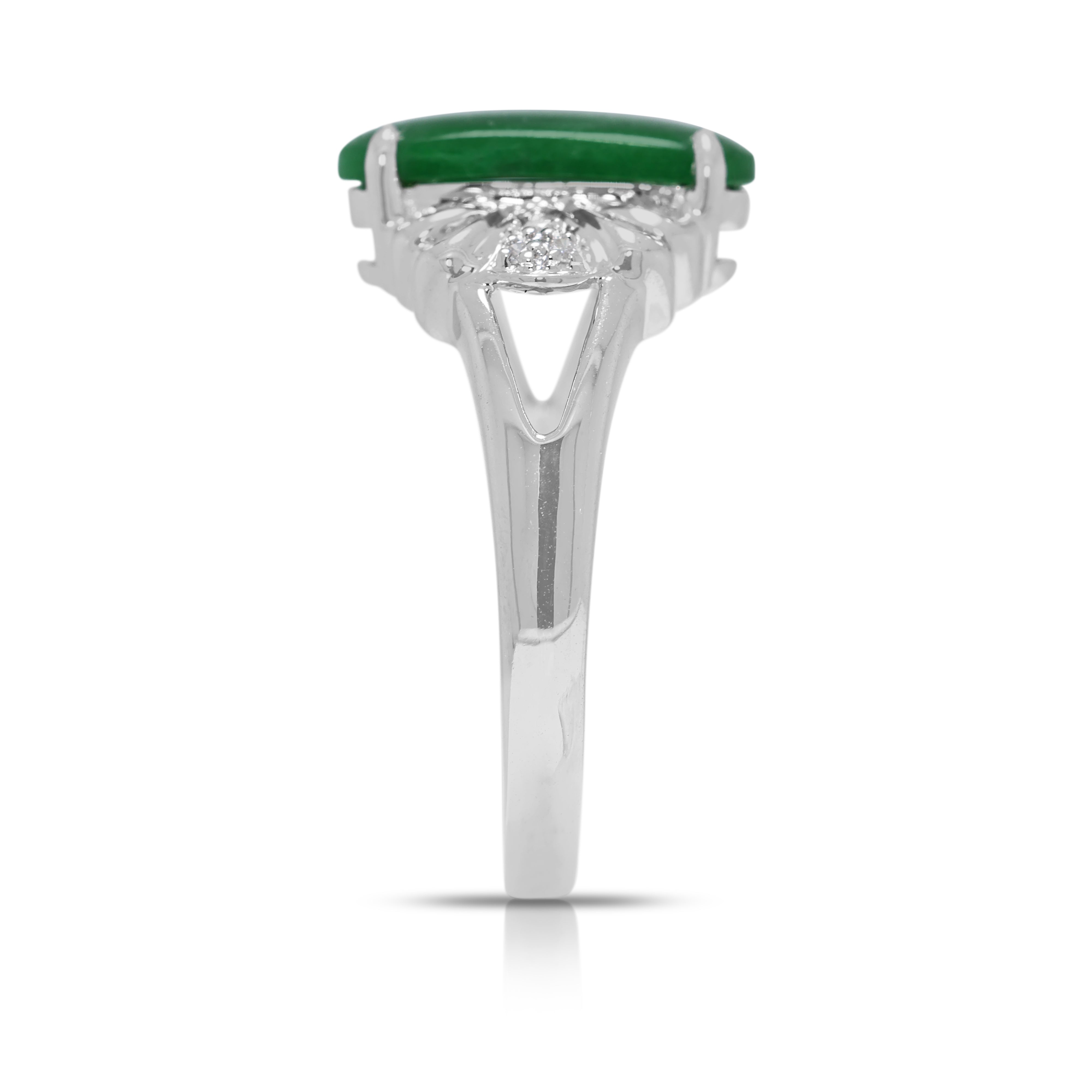 Elegant Green Jade & 0.03ct Natural Diamond Ring in 18K White Gold