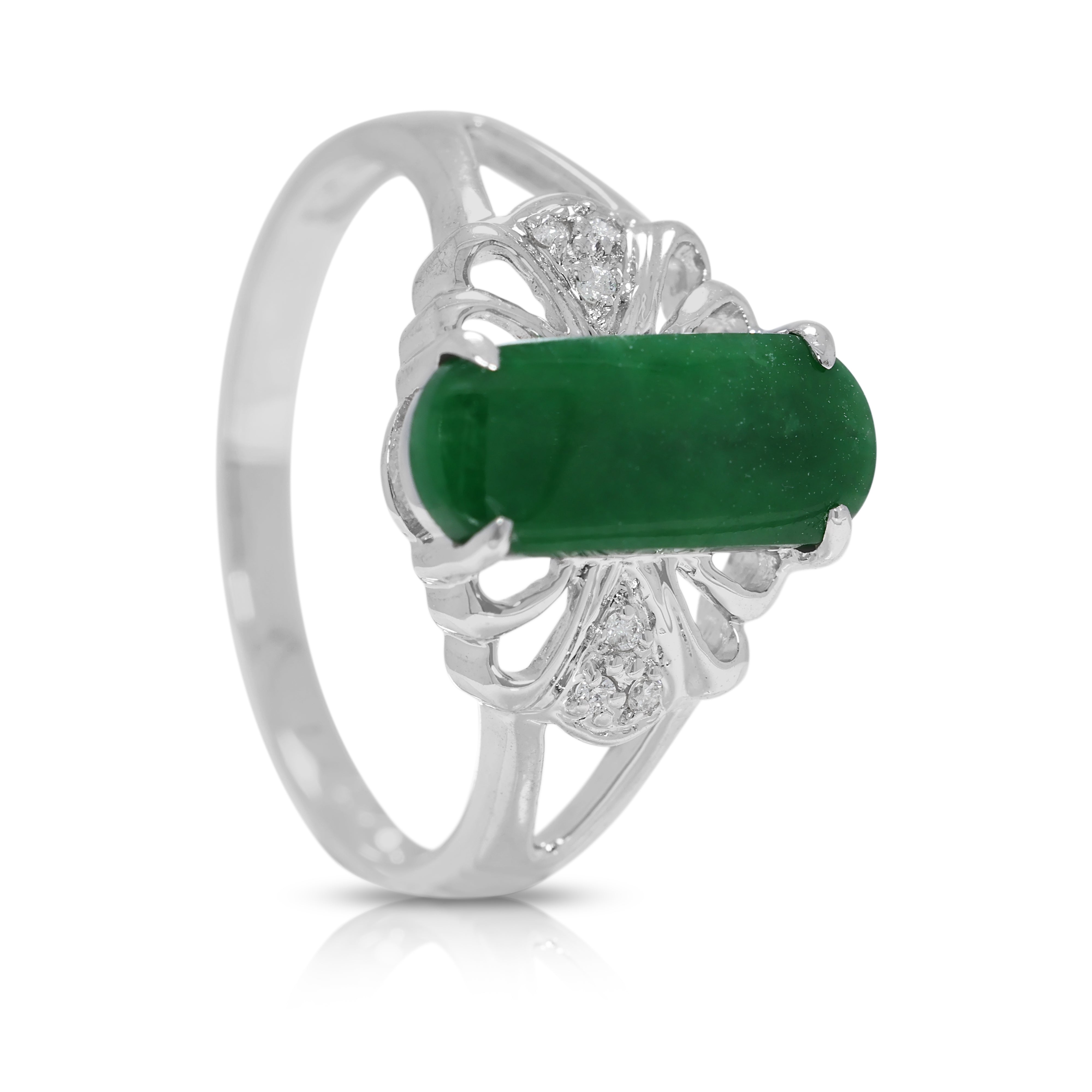 Elegant Green Jade & 0.03ct Natural Diamond Ring in 18K White Gold
