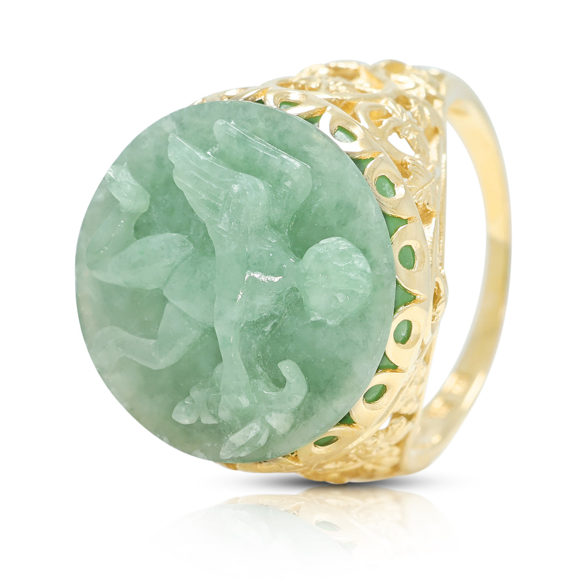 Exquisite Carved Green Jade Cherub Filigree Cocktail Ring in 14K Yellow Gold