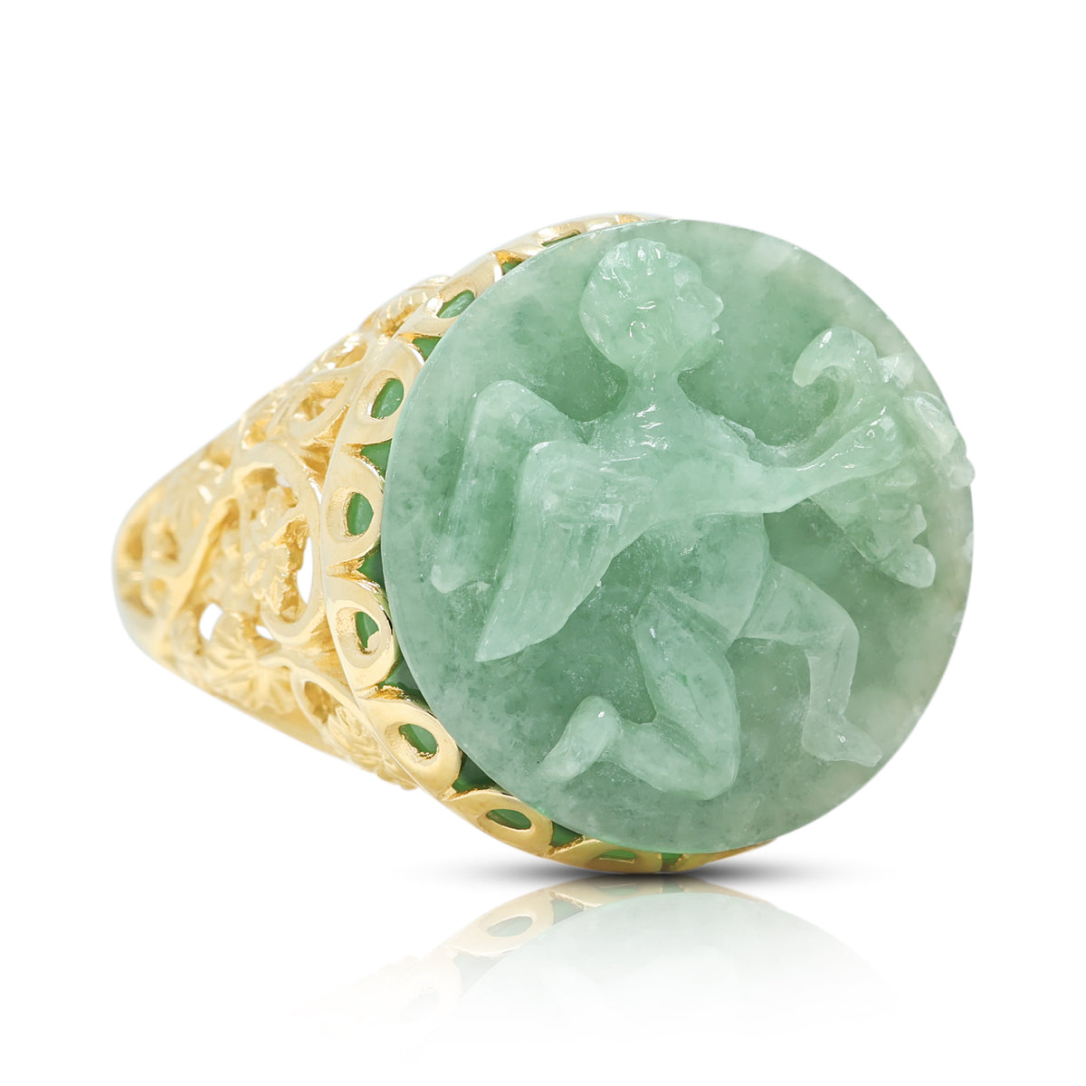 Exquisite Carved Green Jade Cherub Filigree Cocktail Ring in 14K Yellow Gold