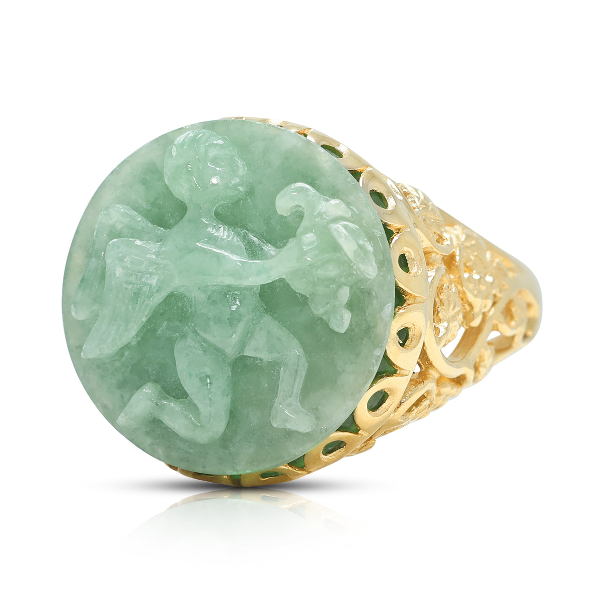Exquisite Carved Green Jade Cherub Filigree Cocktail Ring in 14K Yellow Gold