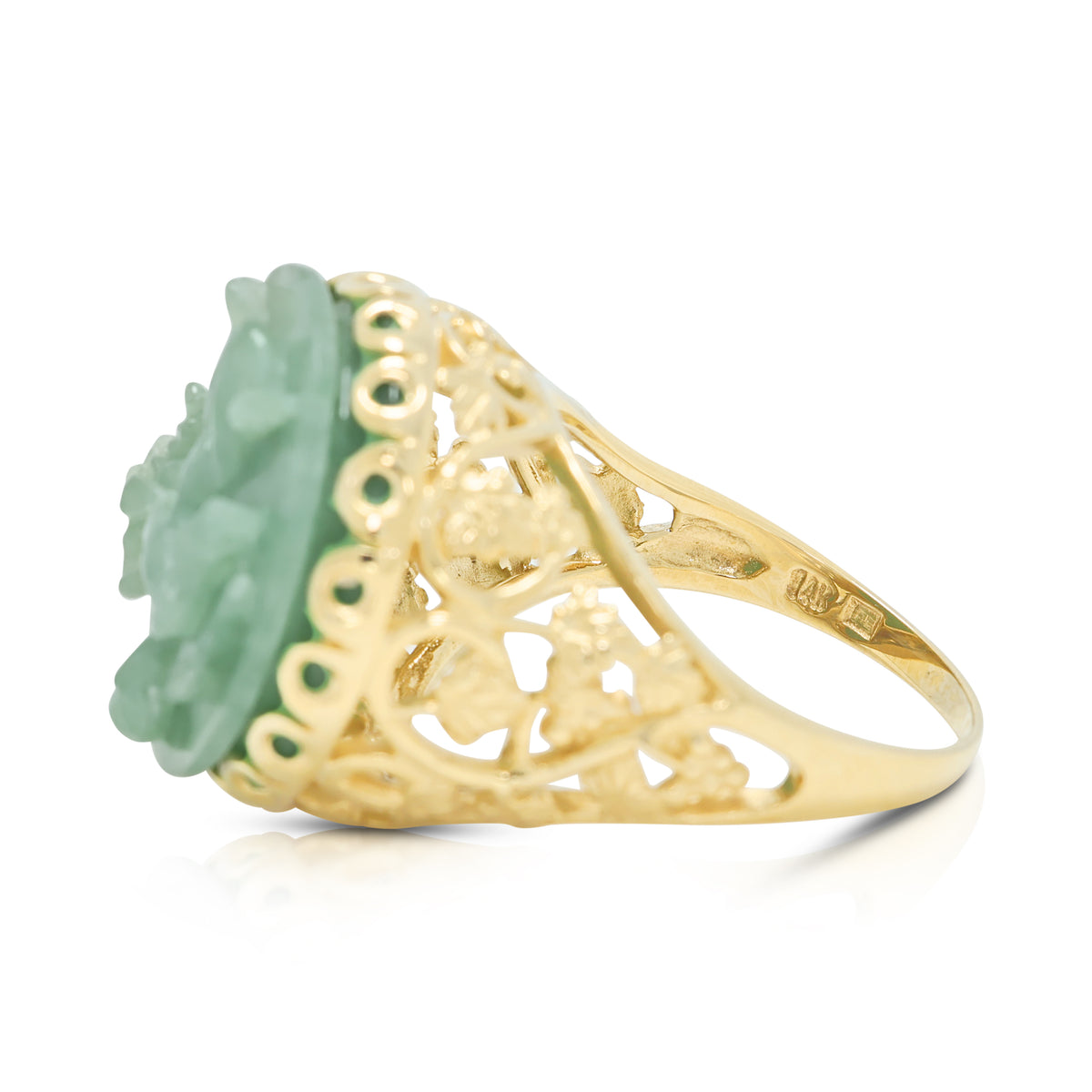 Exquisite Carved Green Jade Cherub Filigree Cocktail Ring in 14K Yellow Gold