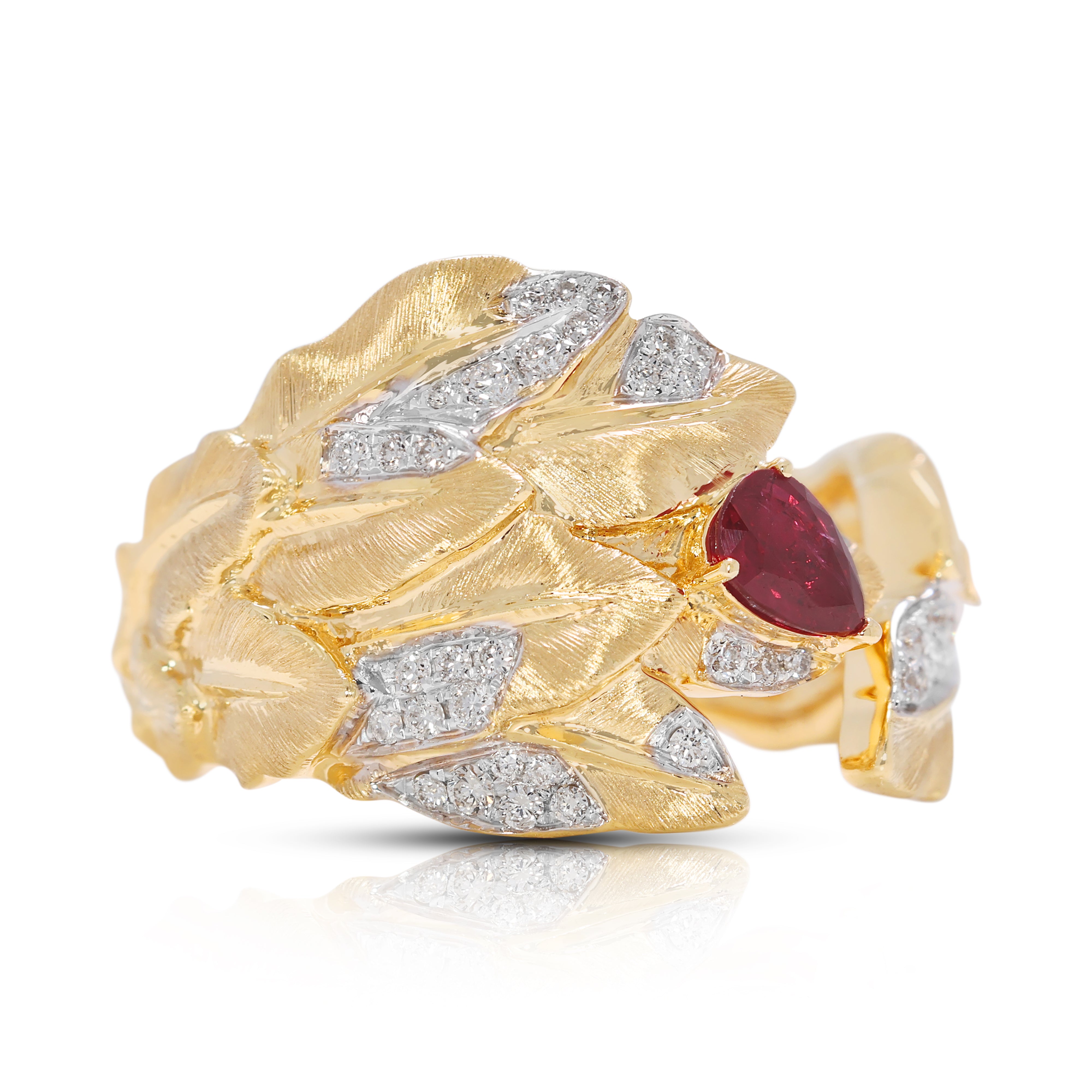 Nature-inspired 0.45ct Ruby & Natural Diamond Leaf Motif Ring in 18K Yellow Gold