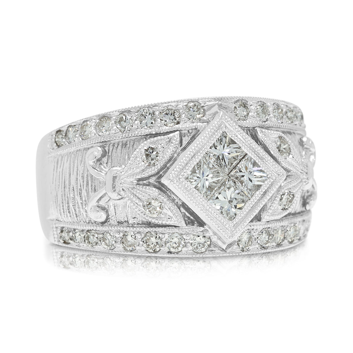 Opulent 0.36ct Natural Diamond Quad-Cluster Filigree Wide Band Ring in 18K White Gold