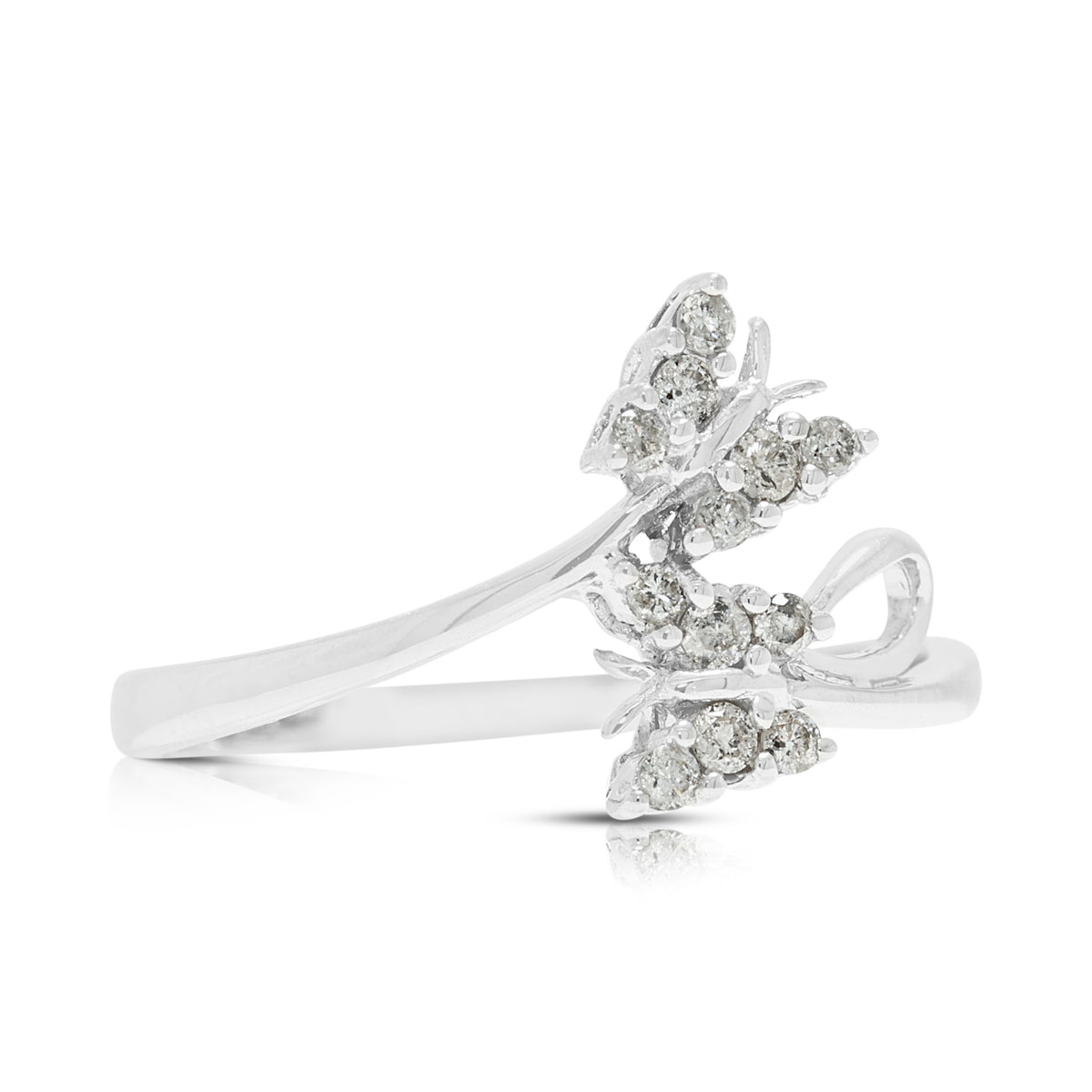 Alluring 0.12ct Natural Diamond Double Butterfly Bypass Ring in 18K White Gold