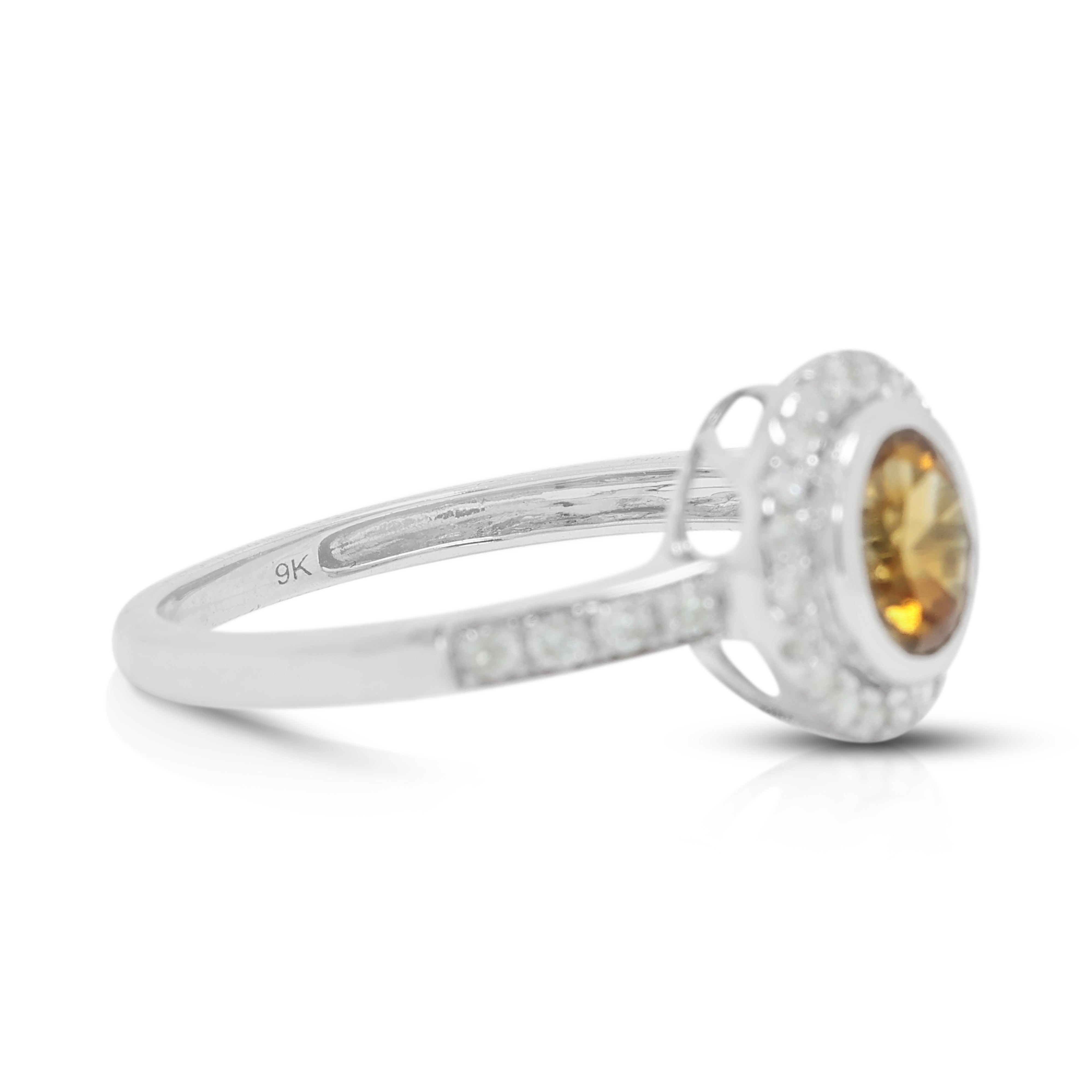 Radiant 1.10ct Citrine and 0.28ct Natural Diamond Halo Ring in 9K White Gold