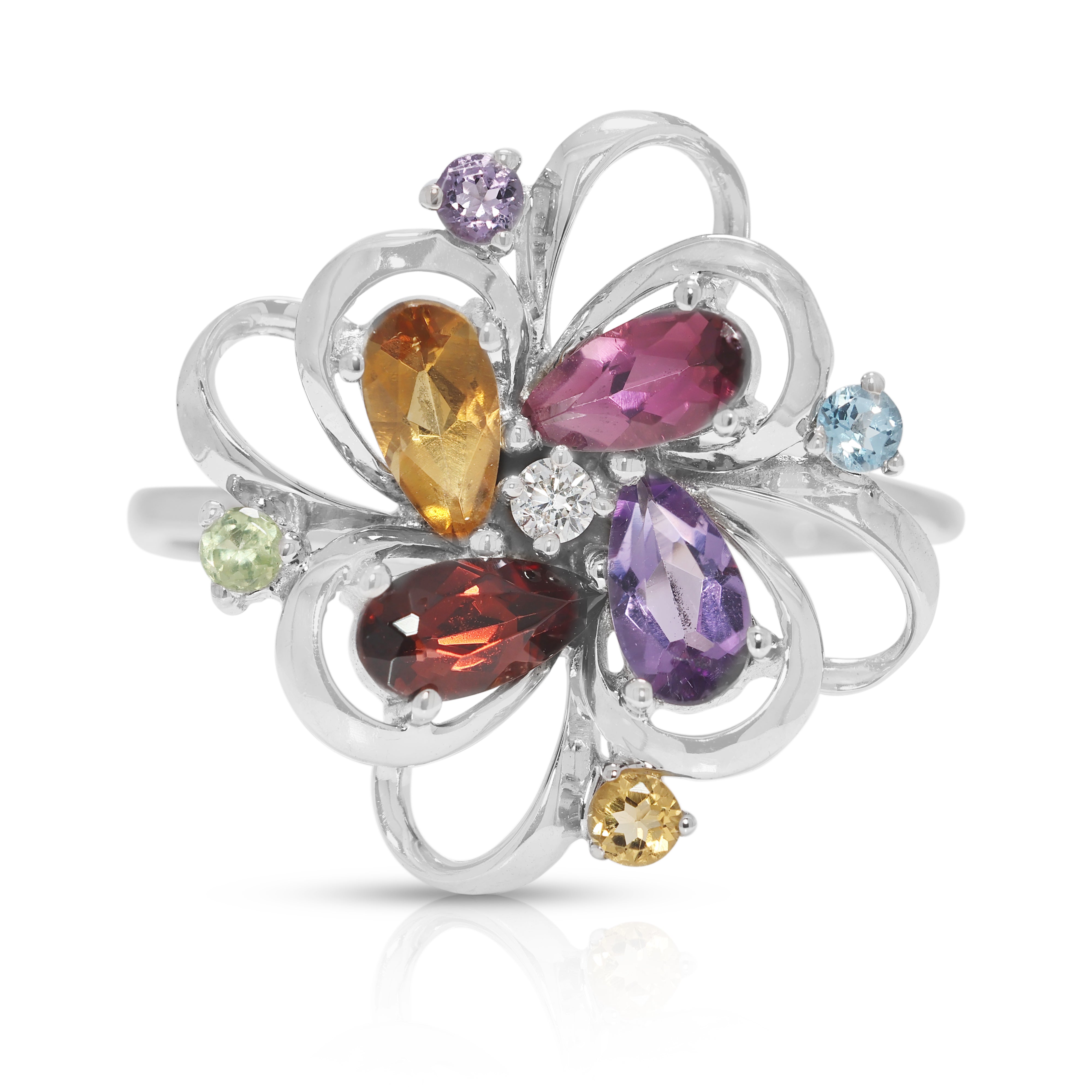 Playful 0.46ct Destinée by Lee Hwa Multi-Gemstone Floral Ring with Diamond Accent in 18K White Gold