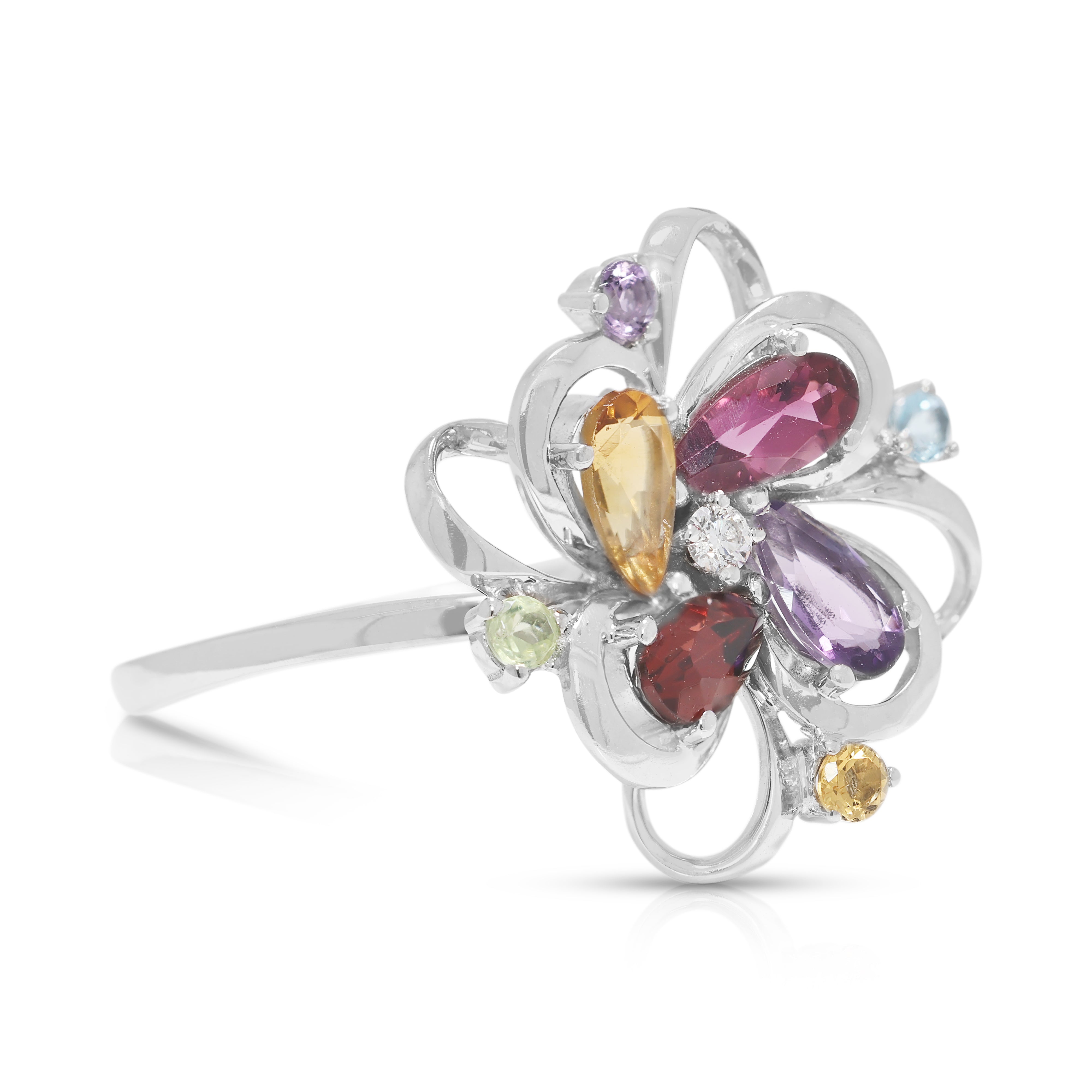 Playful 0.46ct Destinée by Lee Hwa Multi-Gemstone Floral Ring with Diamond Accent in 18K White Gold