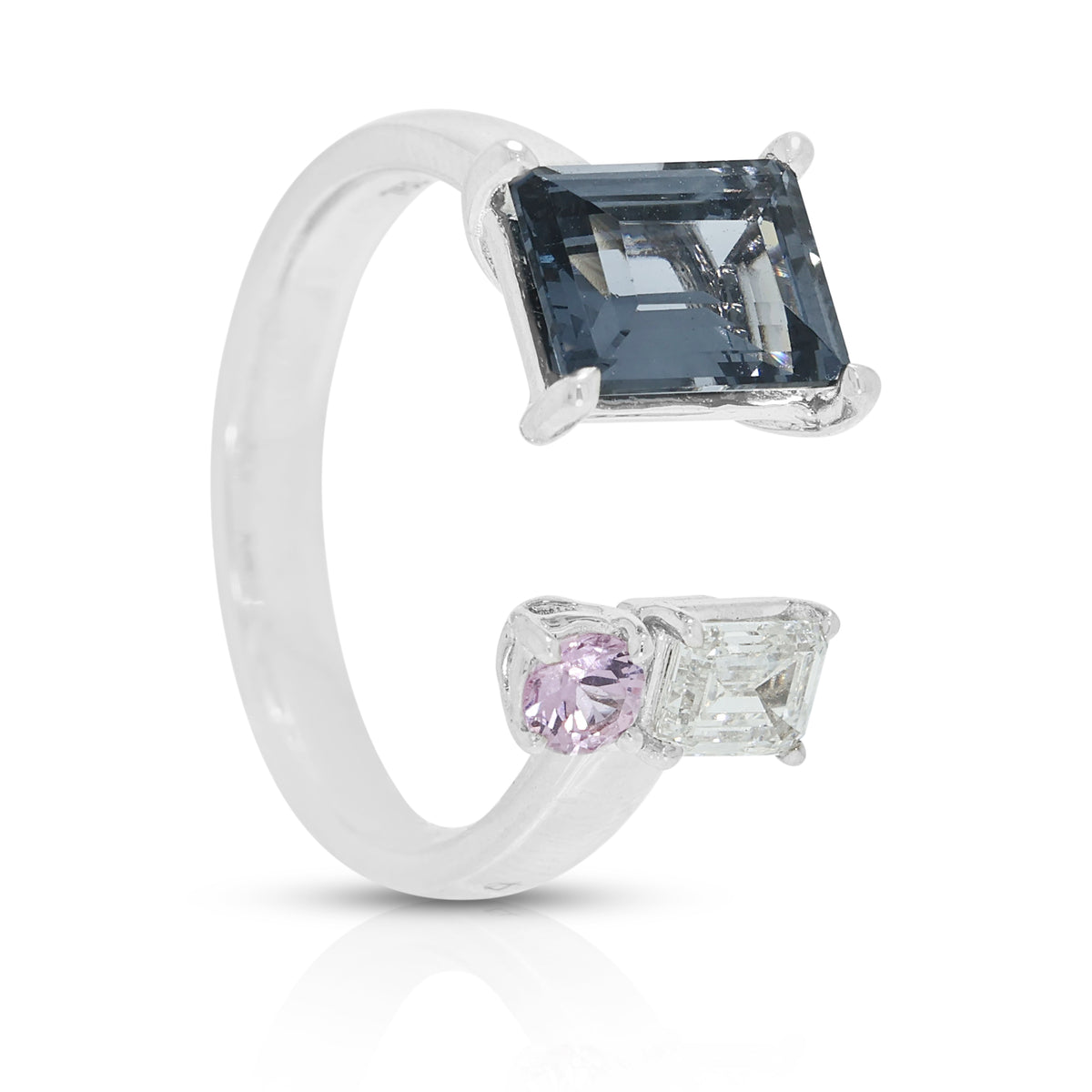 Peerless 1.45ct Greyish Blue Spinel, 0.27ct Diamond and 0.10ct Pink Sapphire Modern Open Ring in 18K White Gold (New)