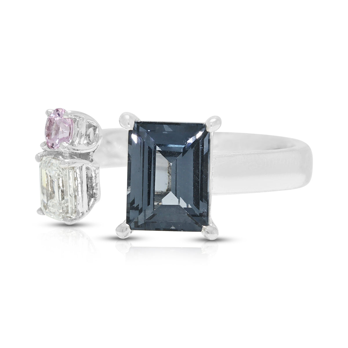Peerless 1.45ct Greyish Blue Spinel, 0.27ct Diamond and 0.10ct Pink Sapphire Modern Open Ring in 18K White Gold (New)