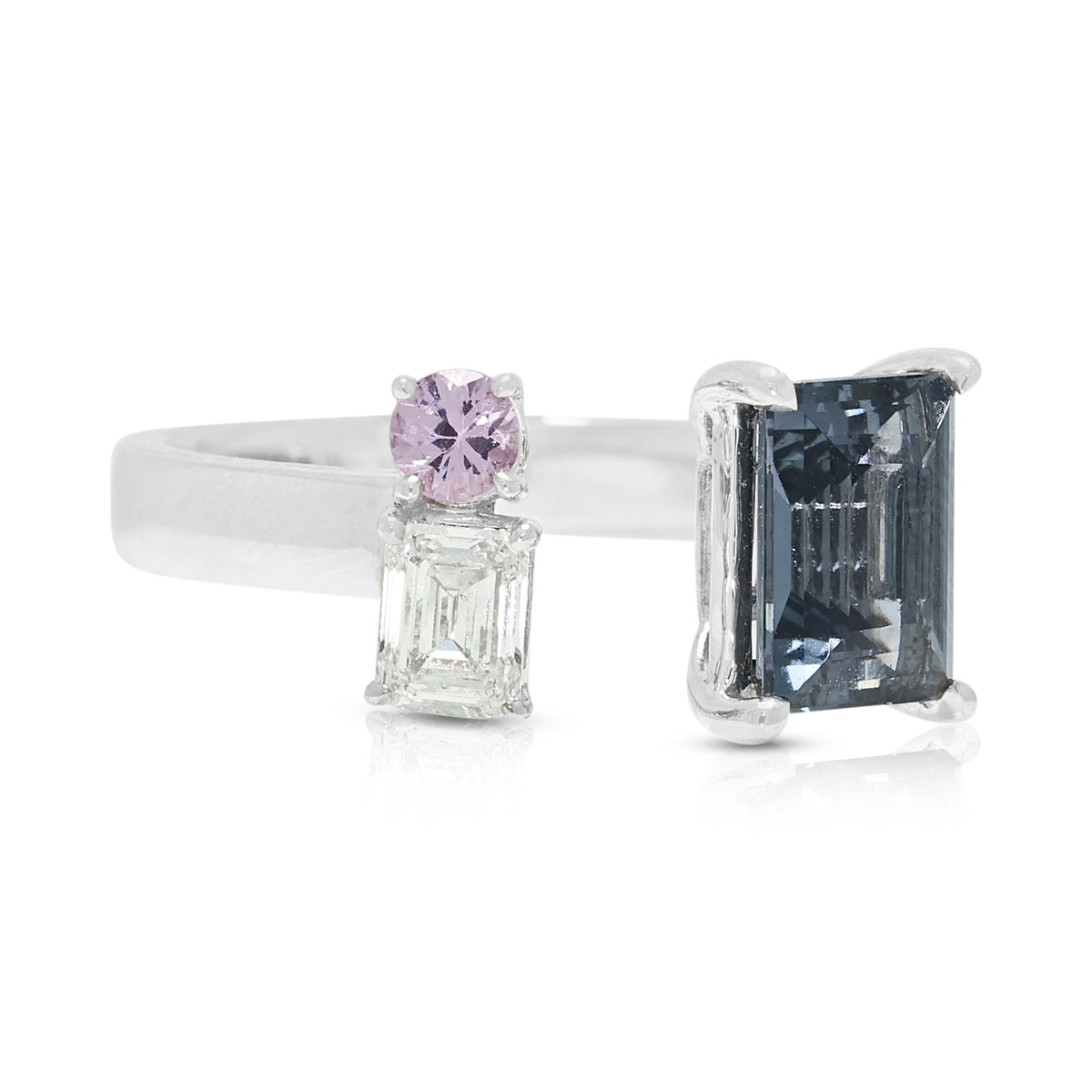 Peerless 1.45ct Greyish Blue Spinel, 0.27ct Diamond and 0.10ct Pink Sapphire Modern Open Ring in 18K White Gold (New)