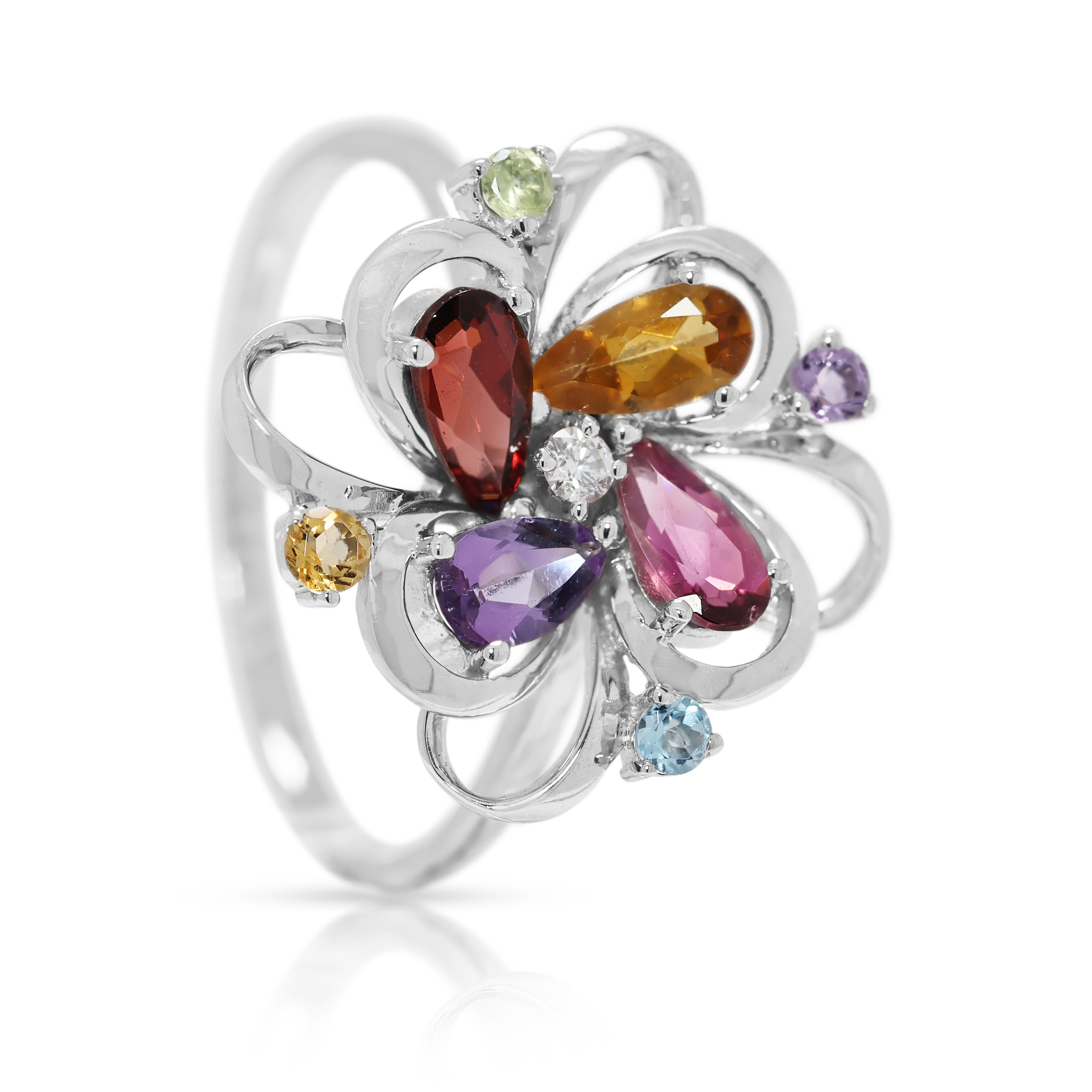 Playful 0.46ct Destinée by Lee Hwa Multi-Gemstone Floral Ring with Diamond Accent in 18K White Gold