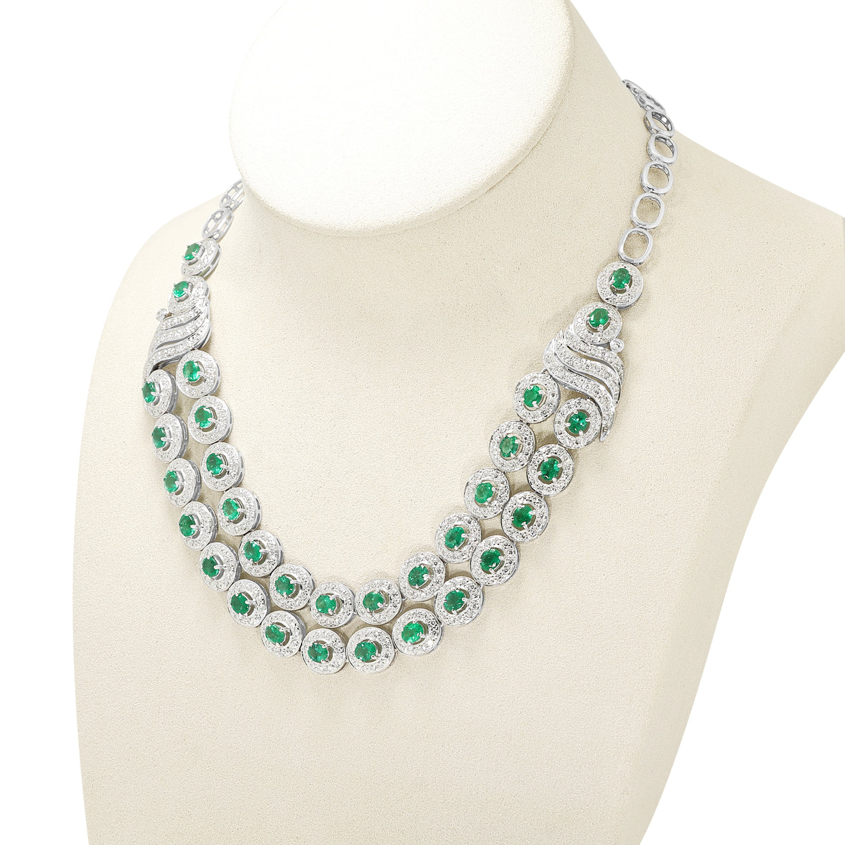Resplendent 9.40ct Emerald and 6.07ct Natural Diamond Double Row Halo Collar Necklace in 18K White Gold