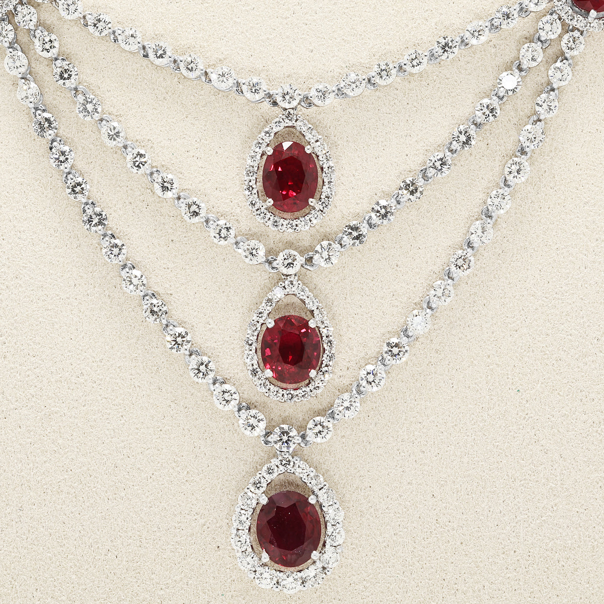 Spectacular 8.30ct Burmese Ruby and 10.04ct Natural Diamond Festoon Collar Necklace in 18K White Gold with Nan Yang Certificate