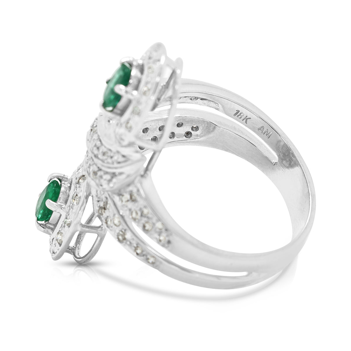 Spellbinding 0.60ct Emerald and 1.21ct Natural Diamond Bypass Halo Cocktail Ring in 18K White Gold