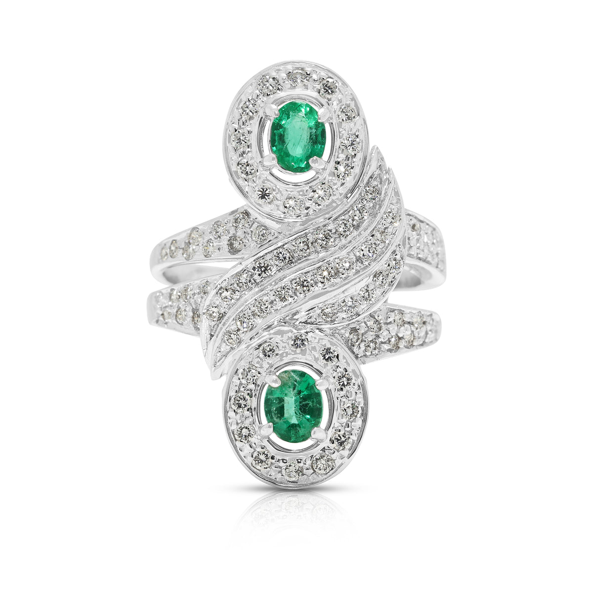 Spellbinding 0.60ct Emerald and 1.21ct Natural Diamond Bypass Halo Cocktail Ring in 18K White Gold