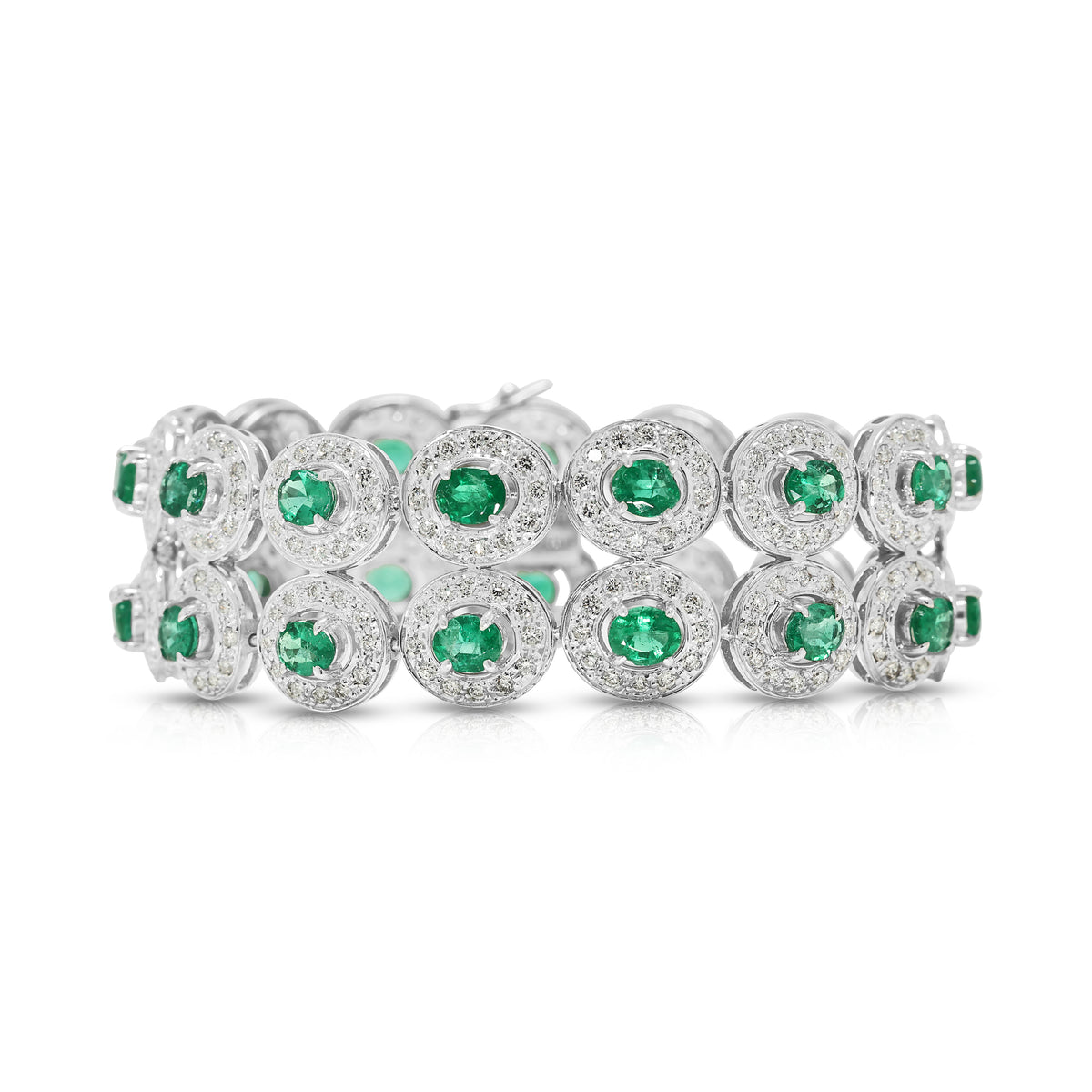 Resplendent 8.10ct Emerald and 4.68ct Natural Diamond Double Row Halo Link Bracelet in 18K White Gold