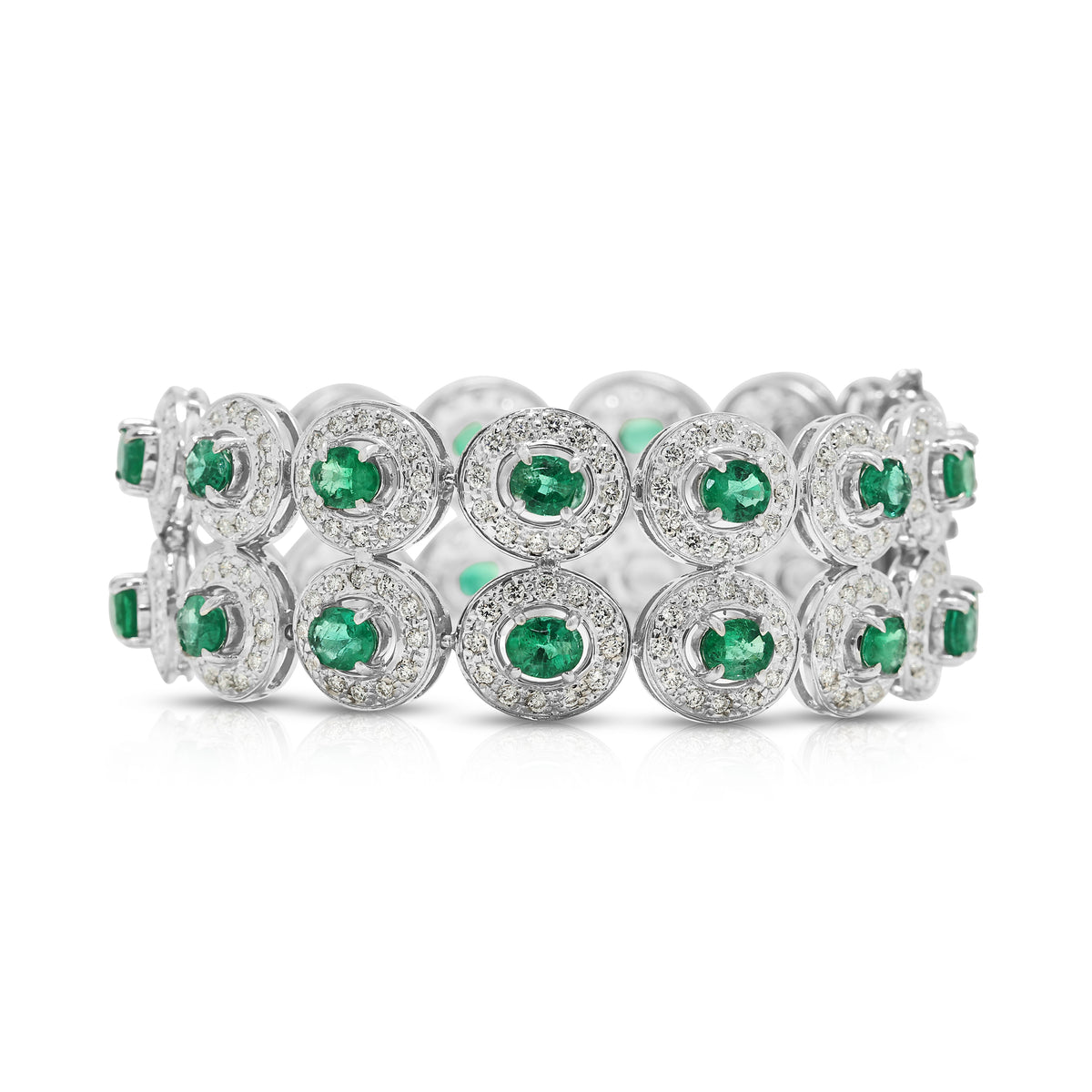 Resplendent 8.10ct Emerald and 4.68ct Natural Diamond Double Row Halo Link Bracelet in 18K White Gold